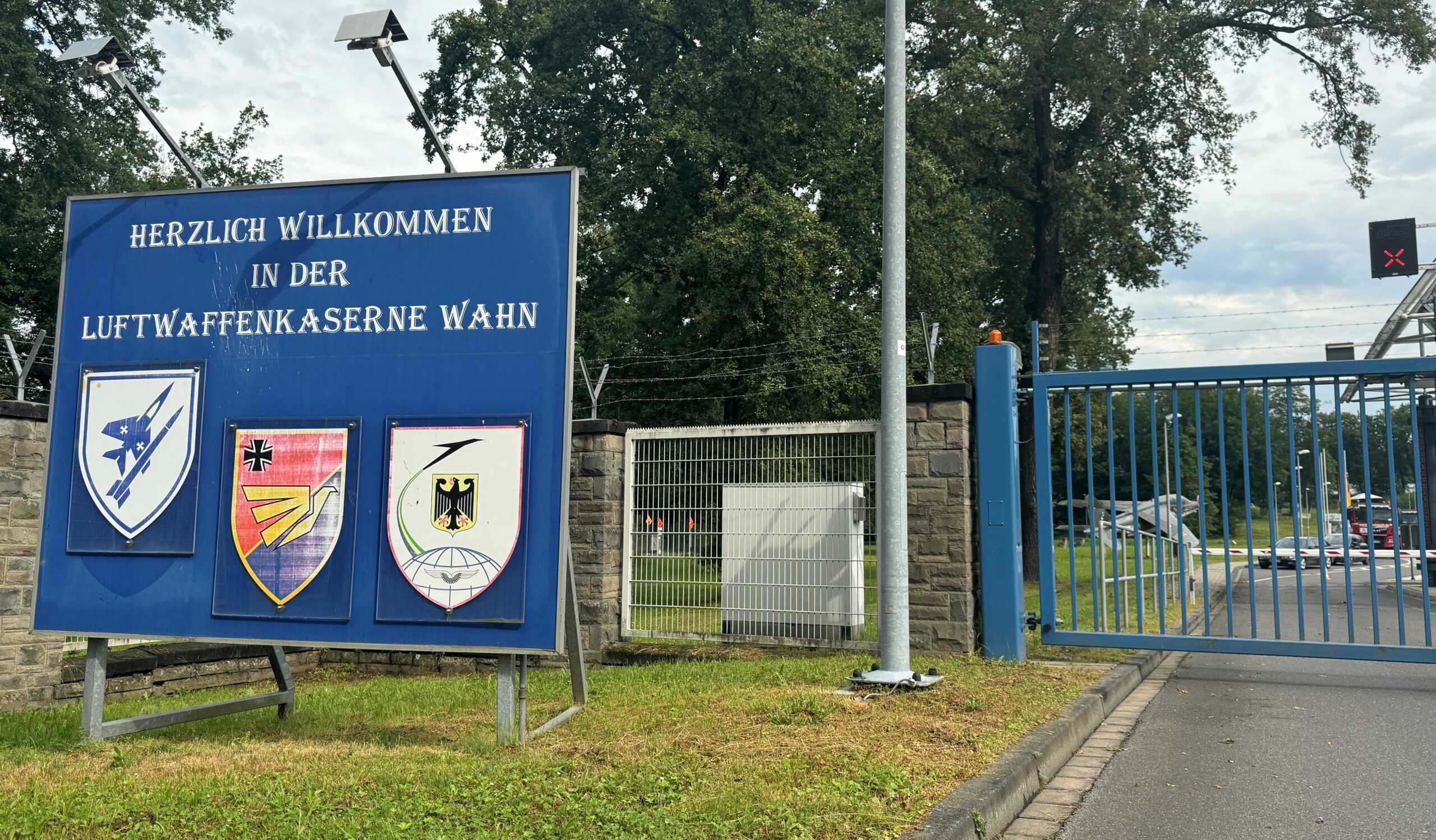 A view shows the entrance to the German air force base of Cologne-Wahn next to Cologne Bonn Airport after it has been sealed off and the soldiers working there were advised not to drink tap water as authorities investigate what may be an act of sabotage, according to a local media report, in Cologne, Germany, August 14, 2024.   REUTERS