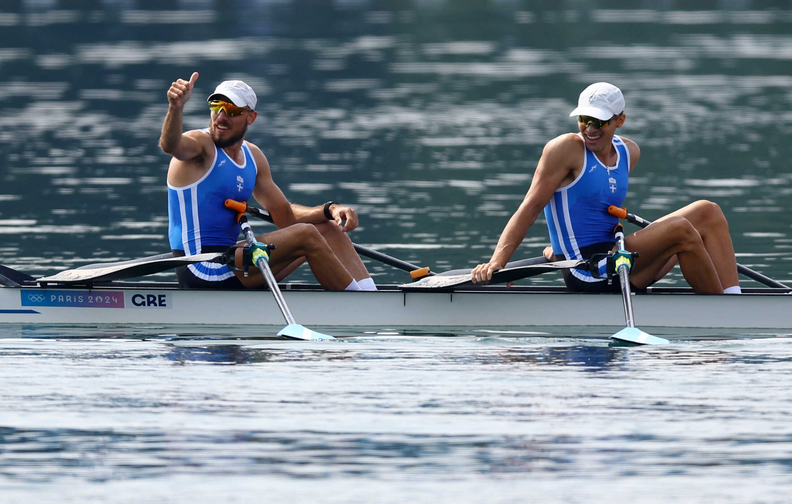 Paris 2024 Olympics - Rowing - Lightweight Men's Double Sculls Final A - Vaires-sur-Marne Nautical Stadium - Flatwater, Vaires-sur-Marne, France - August 02, 2024. Petros Gkaidatzis of Greece and Antonios Papakonstantinou of Greece react after competing. REUTERS