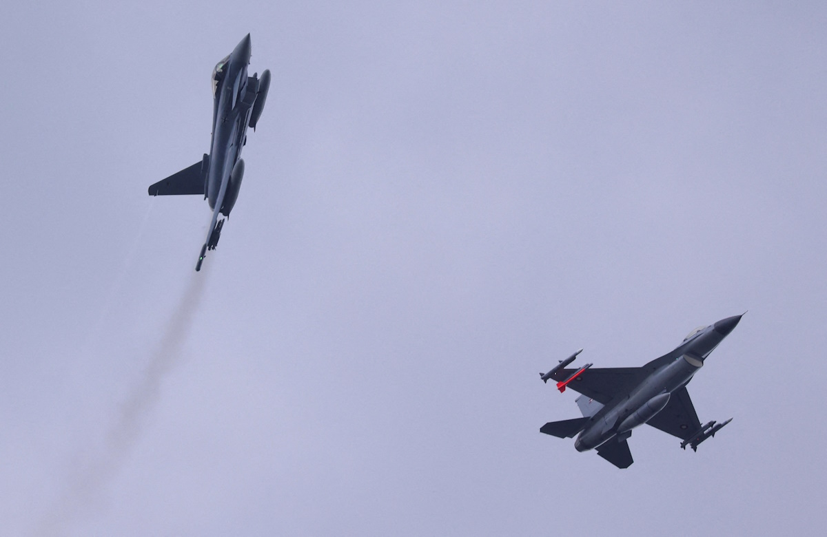 FILE PHOTO: Combat aircrafts from NATO countries fly during a fighter plane maneuver exercise over the American military's Ramstein Air Base, near Ramstein-Miesenbach, Germany, June 6, 2024. REUTERS
