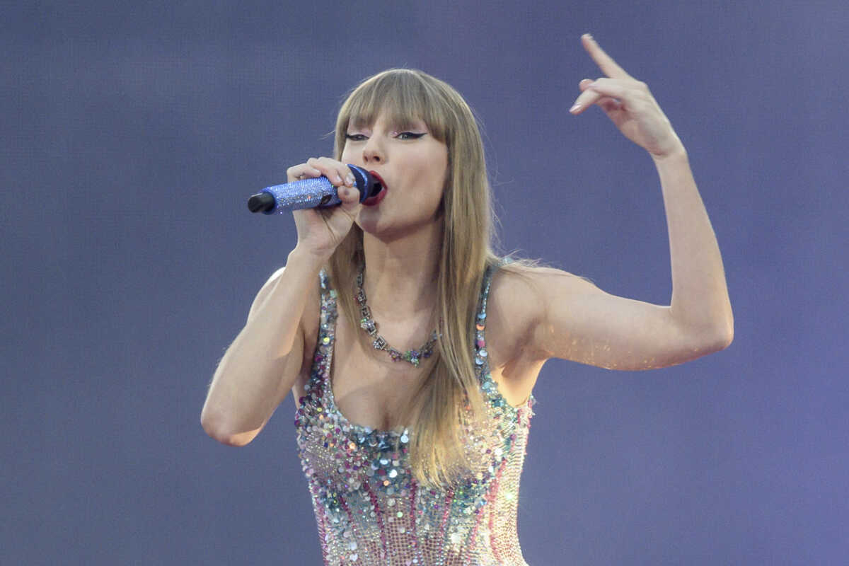 Taylor Swift performs at San Siro stadium in Milan, Italy, for her Eras Tour concert, Saturday, July 13, 2024. (Claudio Furlan