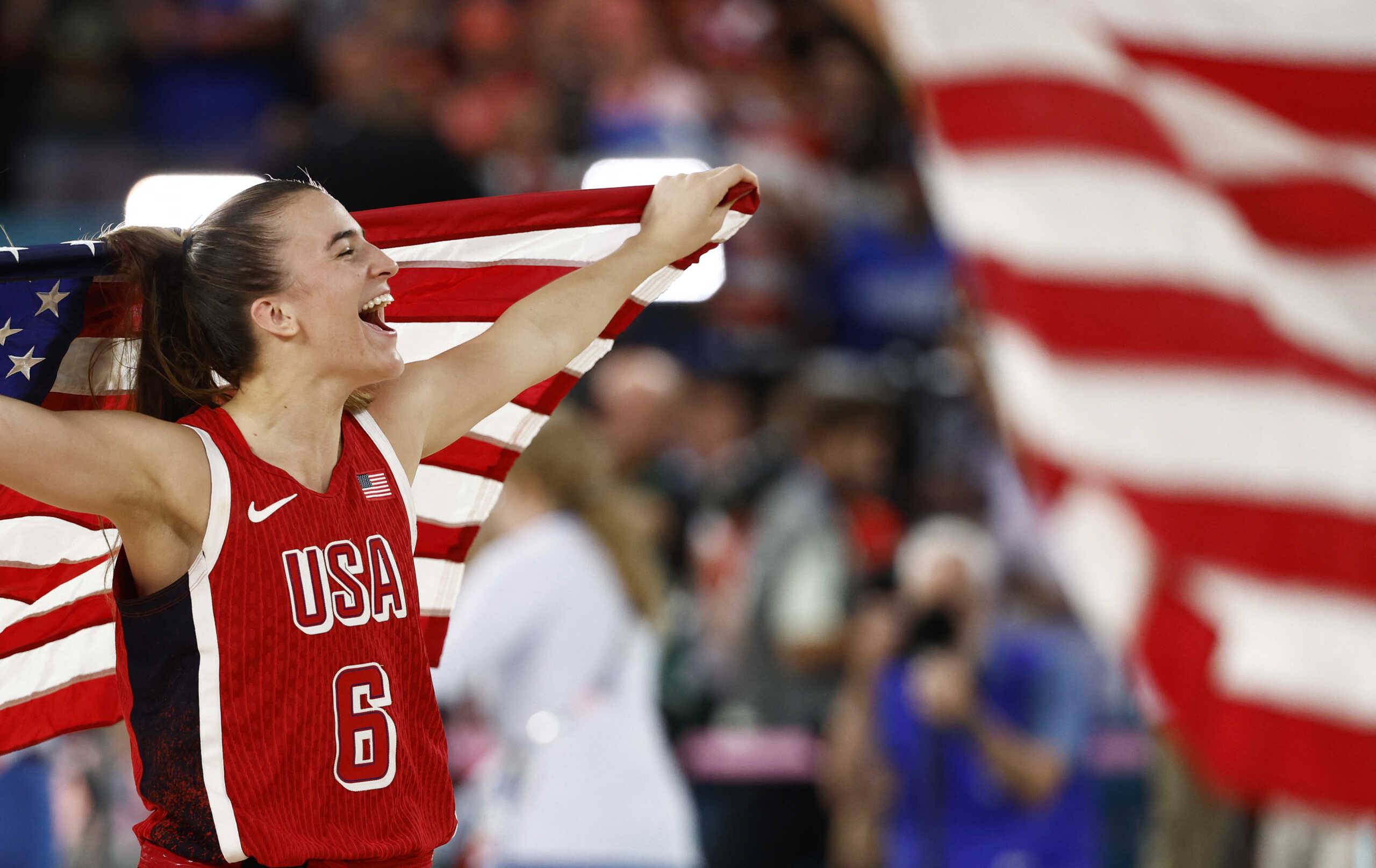 Paris 2024 Olympics - Basketball - Women's Gold Medal Game - France vs United States - Bercy Arena, Paris, France - August 11, 2024. Sabrina Ionescu of United States celebrates the team's win REUTERS