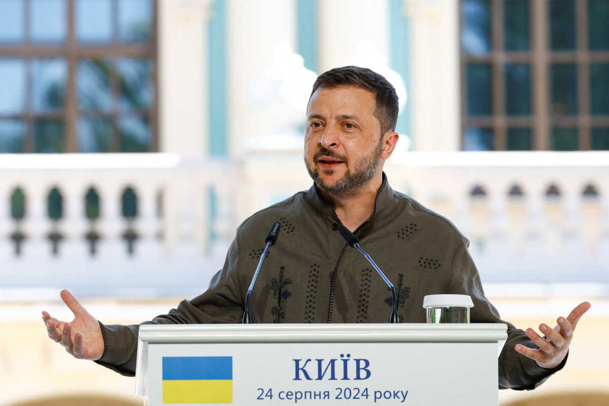 Ukraine's President Volodymyr Zelenskiy speaks during a joint press conference with Polish President Andrzej Duda and Lithuanian Prime Minister Ingrida Simonyte (not pictured), amid Russia's attack on Ukraine, on the country's Independence Day in Kyiv, Ukraine August 24, 2024. REUTERS