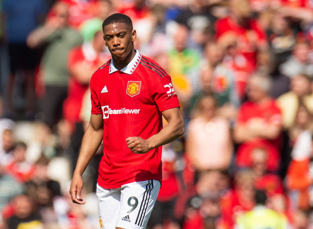 epa10625067 Manchester United's Anthony Martial celebrates after scoring the first goal during the English Premier League soccer match between Manchester United and Wolverhampton Wanderers at Old Trafford in Manchester, Britain, 13 May 2023.  EPA