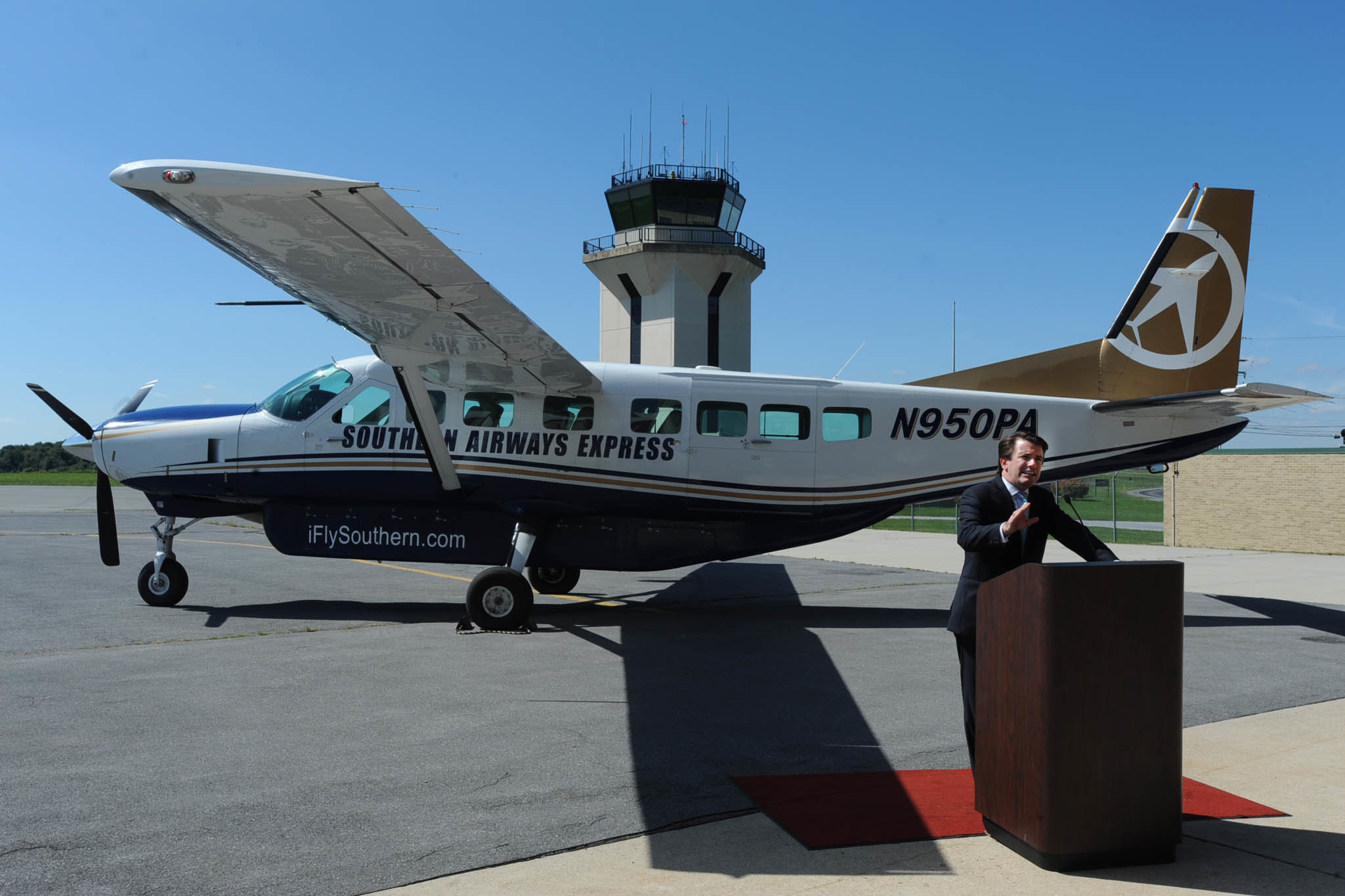 Stan Little, CEO and founder of Southern Airways Express, introduced himself and his company at the John Murtha Johnstown-Cambria County Airport in Johnstown, Pa. Tuesda, Sept.13, 2016,. The new airline announced they will offer three non-stop flights per day to Washington-Dulles Airport, and three more to Pittsburgh Airport, beginning Nov. 19th. Tickets for just $29 to each destination on the Cessna Caravan 208B will go on sale Sept. 29. (John Rucosky