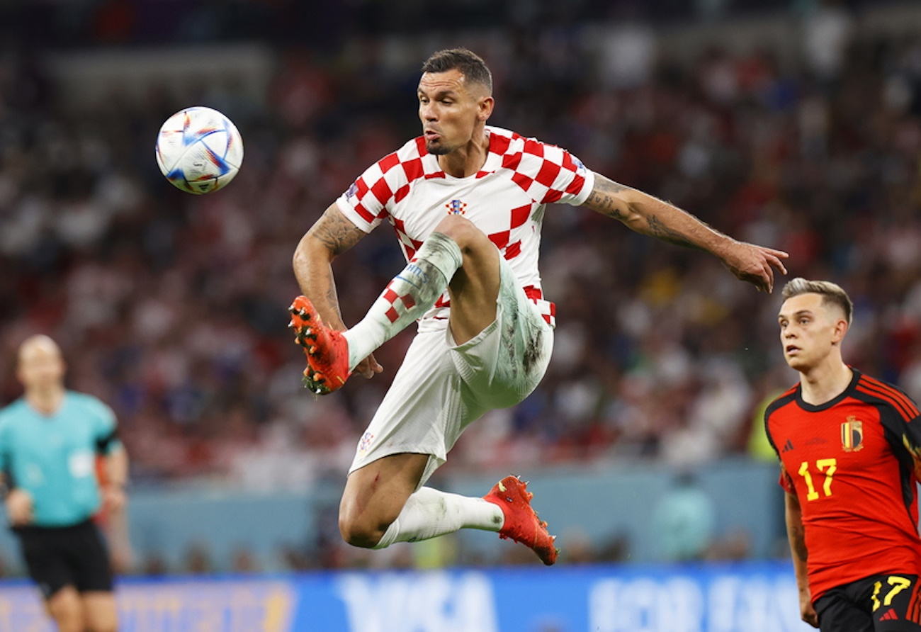 epa10341930 Dejan Lovren (C) of Croatia in action during the FIFA World Cup 2022 group F soccer match between Croatia and Belgium at Ahmad bin Ali Stadium in Doha, Qatar, 01 December 2022.  EPA