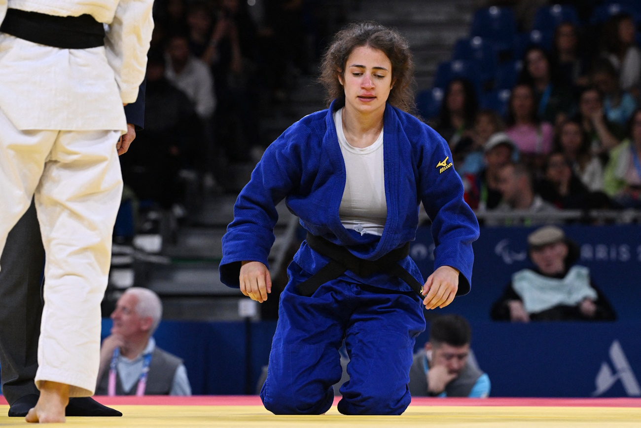 Paris 2024 Paralympics - Judo - Women -48 kg J1 Quarterfinals - Champ de Mars Arena, Paris, France - September 5, 2024 Emmanouela Masourou of Greece reacts during the match against Nataliya Nikolaychyk of Ukraine REUTERS