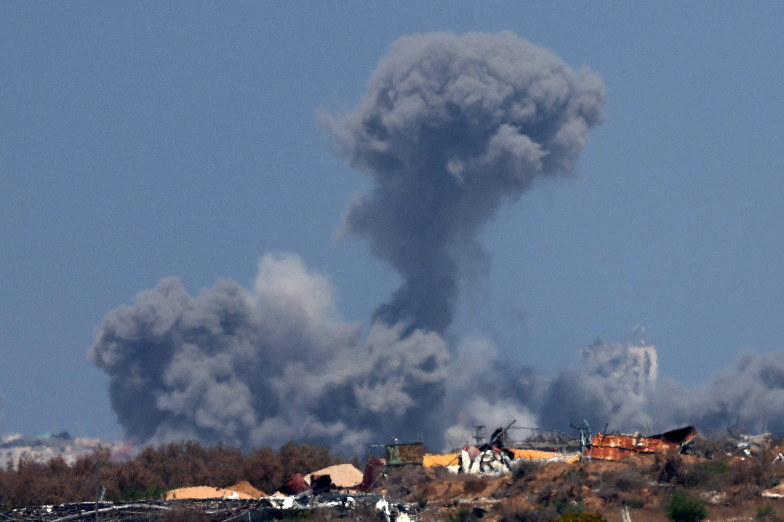 Smoke rises from an explosion in Gaza, amid the Israel-Hamas conflict, near the Israel-Gaza border, as seen from Israel, September 9, 2024. REUTERS