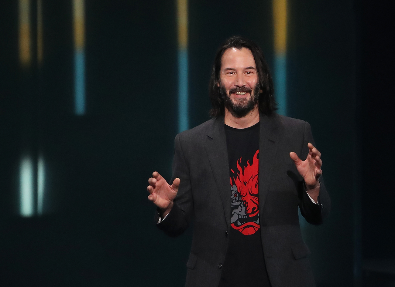 LOS ANGELES, CALIFORNIA - JUNE 09:  Actor Keanu Reeves speaks about "Cyberpunk 2077" from developer CD Projekt Red during the Xbox E3 2019 Briefing at The Microsoft Theater on June 09, 2019 in Los Angeles, California. (Photo by Christian Petersen