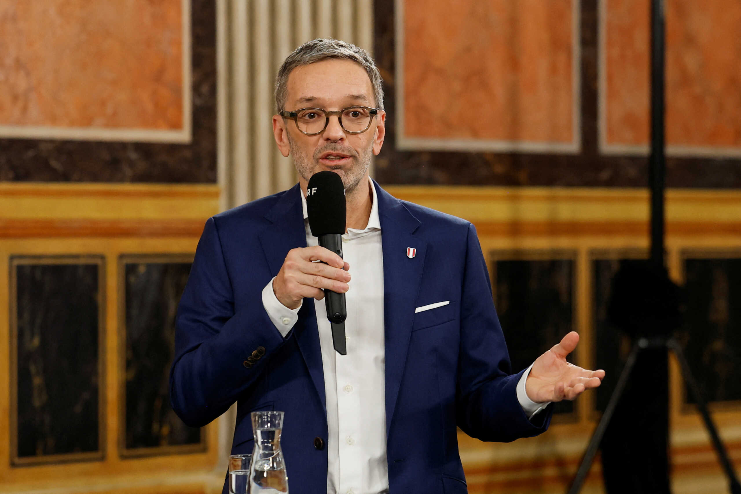 Head of Freedom Party (FPOe) Herbert Kickl speaks during a television debate, after the first exit polls during the general election, in Vienna, Austria, September 29, 2024. REUTERS