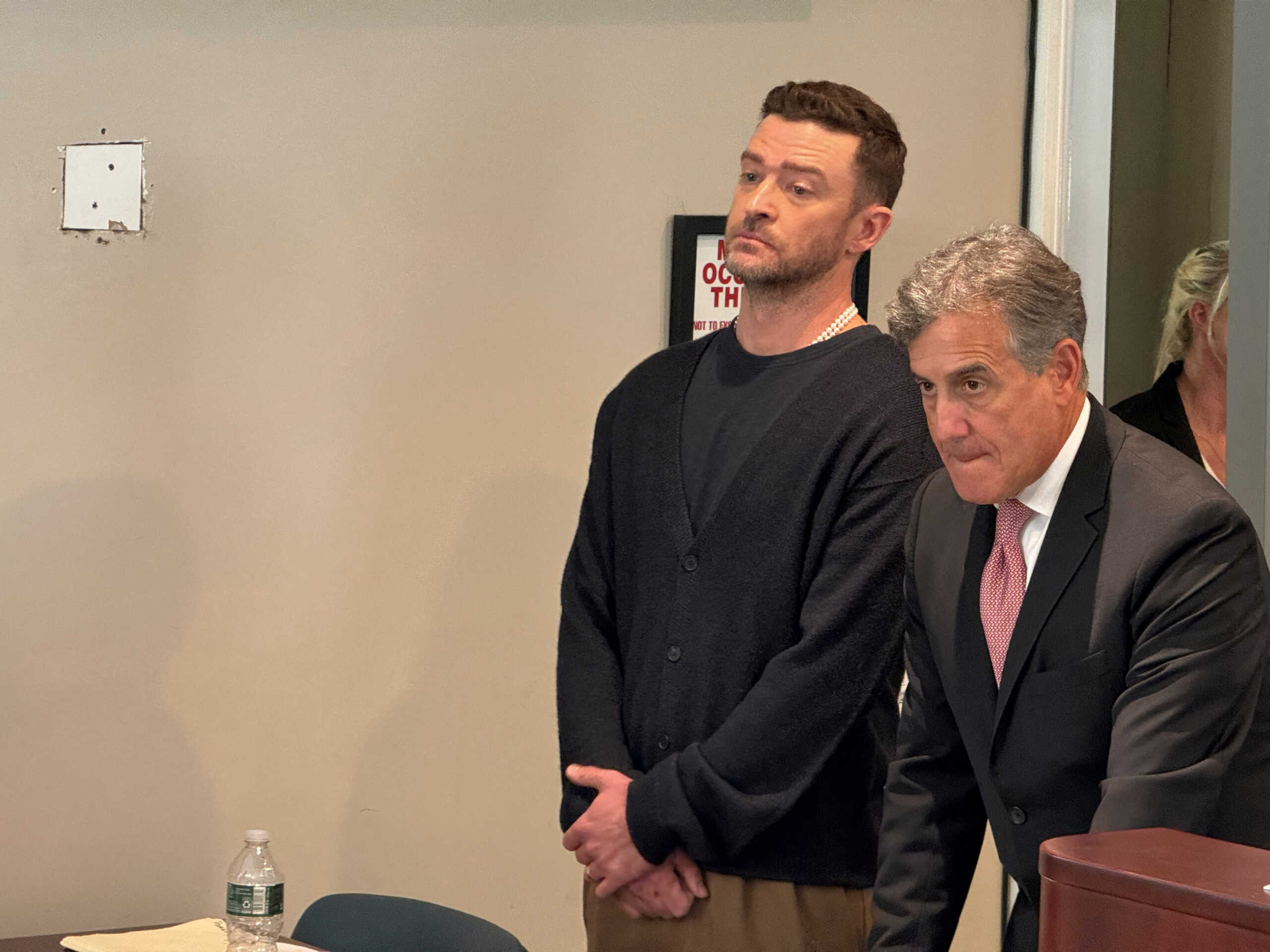 Singer Justin Timberlake appears with his lawyer Edward Burke at a hearing related to a DWI arrest in the Sag Harbor Village Court in Sag Harbor, New York, U.S., September 13, 2024. T E McMorrow