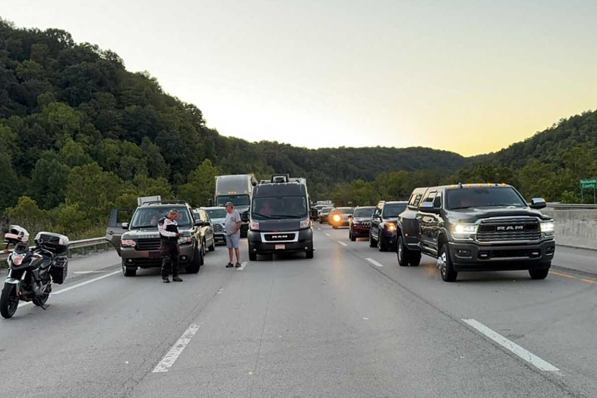 Drivers park on the the lanes of the I-75 highway after reports of multiple people shot about nine miles north of London, Kentucky, U.S. September 7, 2024.  Mount Vernon Fire Department