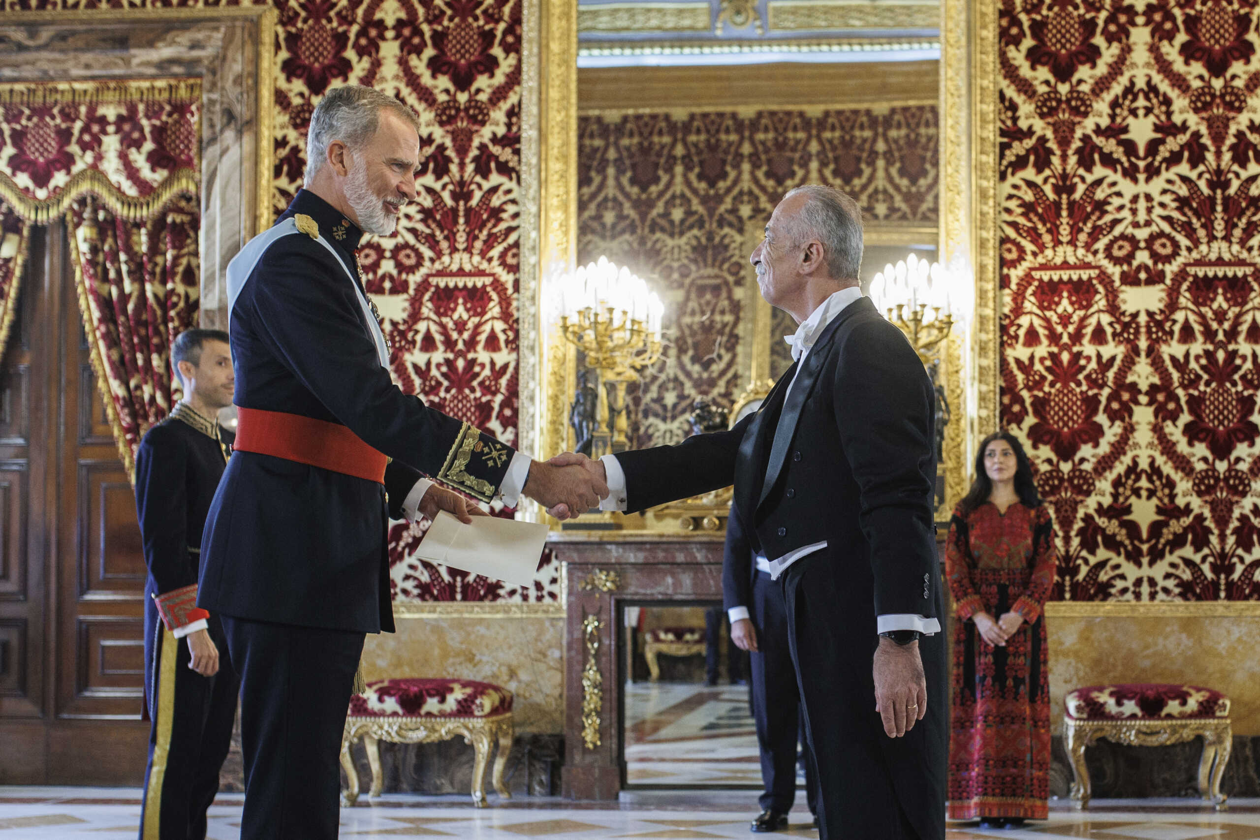 King Felipe VI (l) receives the credential letter from the ambassador of the State of Palestine, Husni M. A. Abdelwahed (r), at the Royal Palace in Madrid, September 16, 2024, in Madrid, Spain. The Letters of Credence are the document that accredits a foreign ambassador as the representative and highest diplomatic authority of another country in Spain. The ceremony of presentation before the Head of State dates back to the 18th century, and has remained practically unchanged in its development to the present day. The ceremony of presentation before the Head of State dates back to the 18th century, and has remained virtually unchanged in its development to the present day. SEPTEMBER 16;2024 Alejandro Martínez Vélez