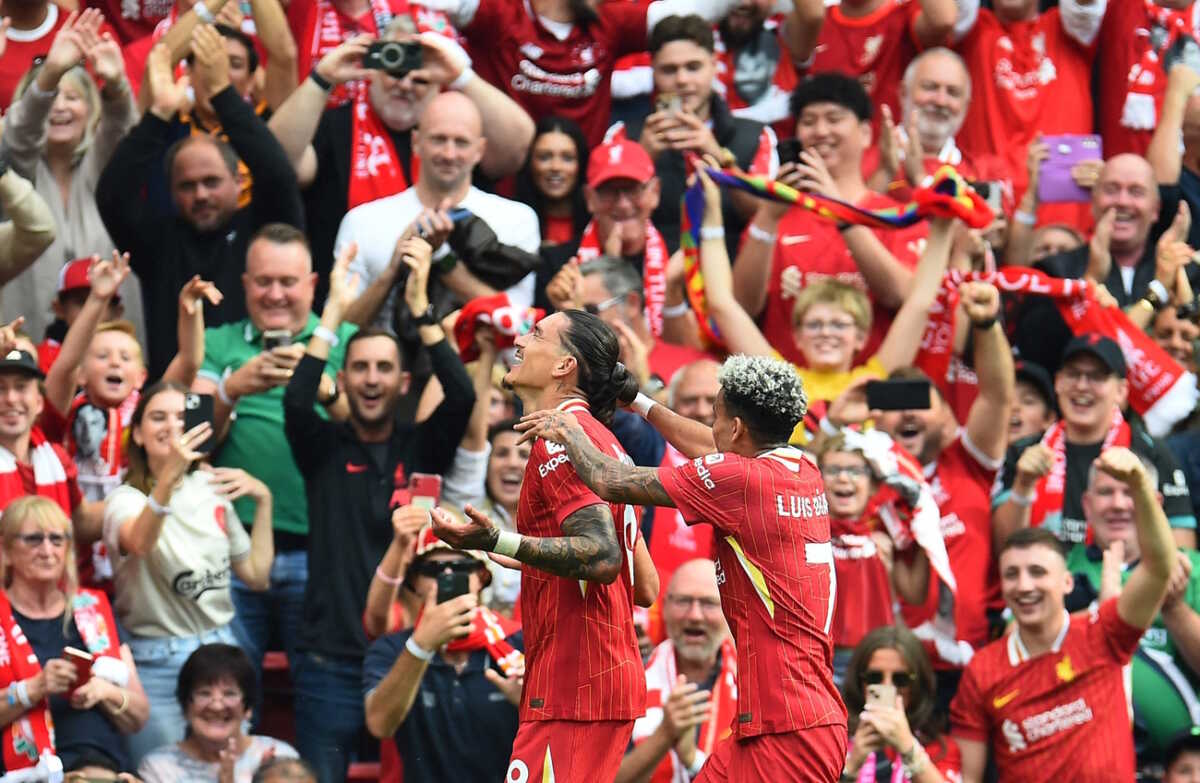 Soccer Football - Premier League - Liverpool v AFC Bournemouth - Anfield, Liverpool, Britain - September 21, 2024 Liverpool's Darwin Nunez celebrates scoring their third goal with Luis Diaz REUTERS