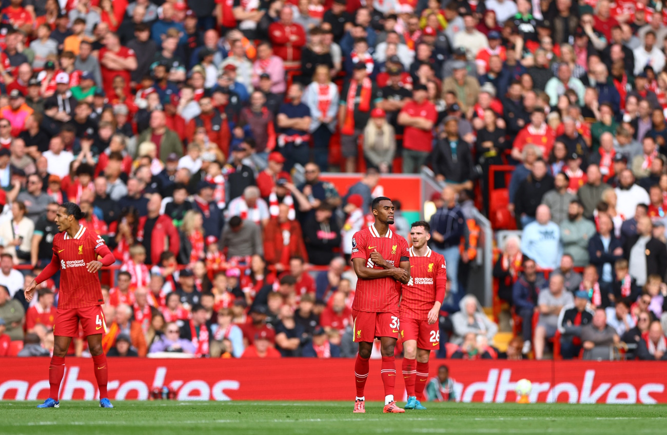 Soccer Football - Premier League - Liverpool v Nottingham Forest - Anfield, Liverpool, Britain - September 14, 2024 Liverpool's Ryan Gravenberch looks dejected after Nottingham Forest's Callum Hudson-Odoi scores their first goal REUTERS