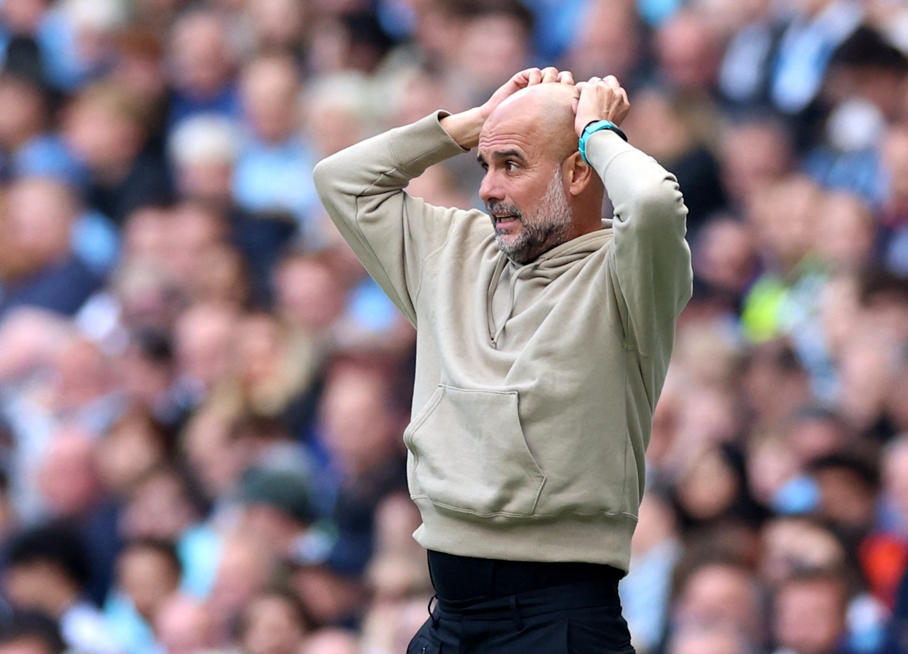 Soccer Football - Premier League - Manchester City v Ipswich Town - Etihad Stadium, Manchester, Britain - August 24, 2024 Manchester City manager Pep Guardiola reacts REUTERS
