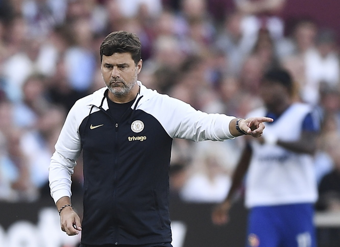 epa10810543 Chelsea manager Mauricio Pochettino reacts during the English Premier League soccer match between West Ham United and Chelsea FC, in London, Britain, 20 August 2023.  EPA