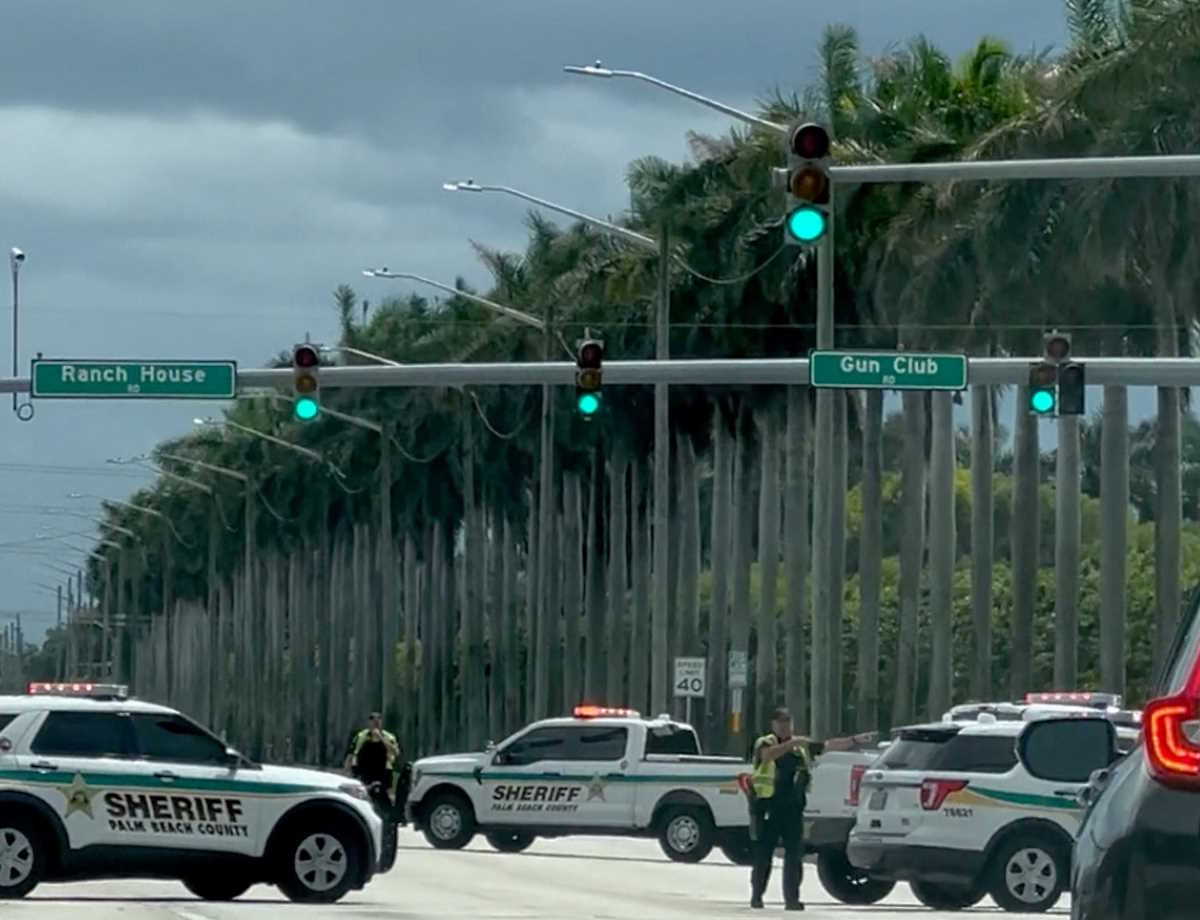 Police patrol the area following reports of multiple shots fired near the golf course of Republican presidential candidate Donald Trump, in this picture obtained from a social media video, in West Palm Beach, Florida, U.S., September 15, 2024. X