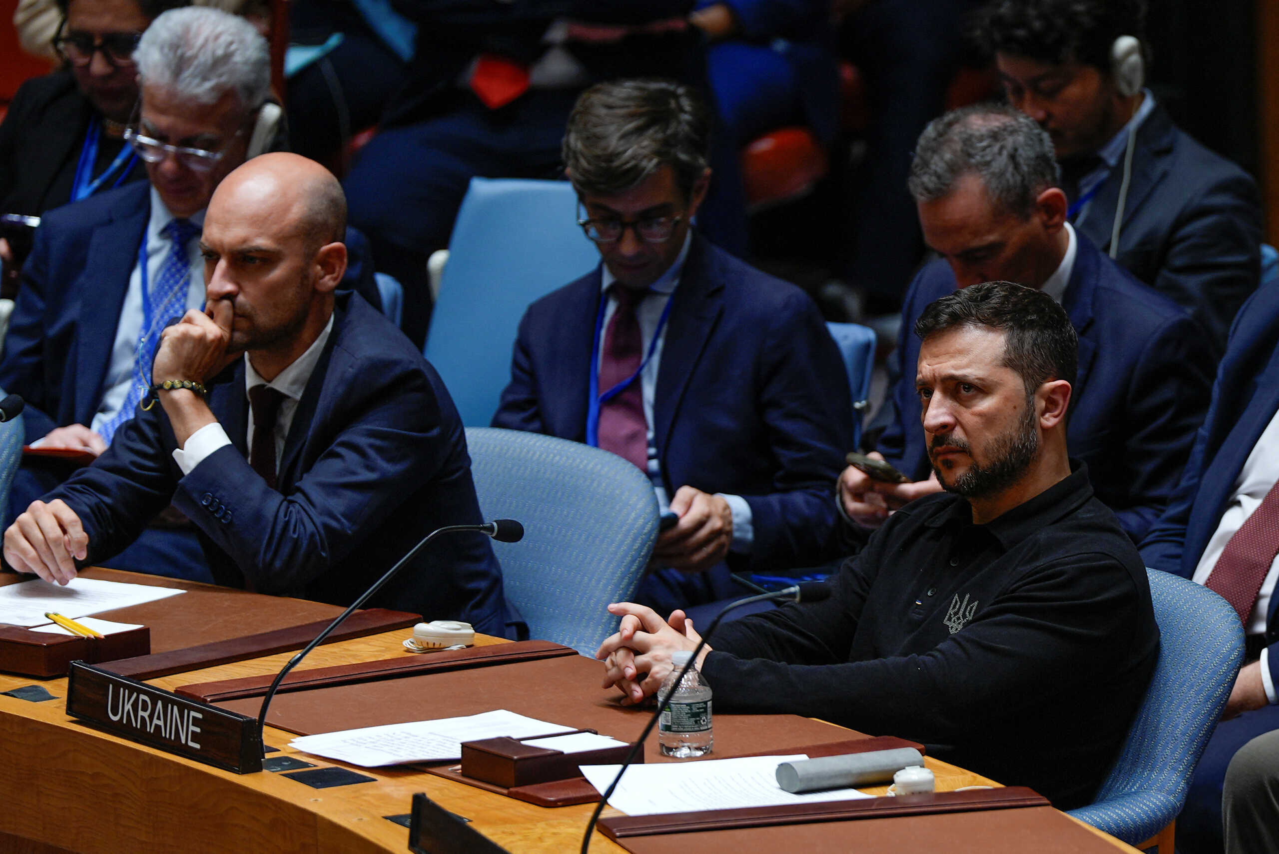 Ukraine President Volodymyr Zelenskiy and French Foreign Minister Jean-Noel Barrot  attend a Security Council meeting,  Tuesday, Sept. 24, 2024, at UN headquarters.      Julia Demaree Nikhinson