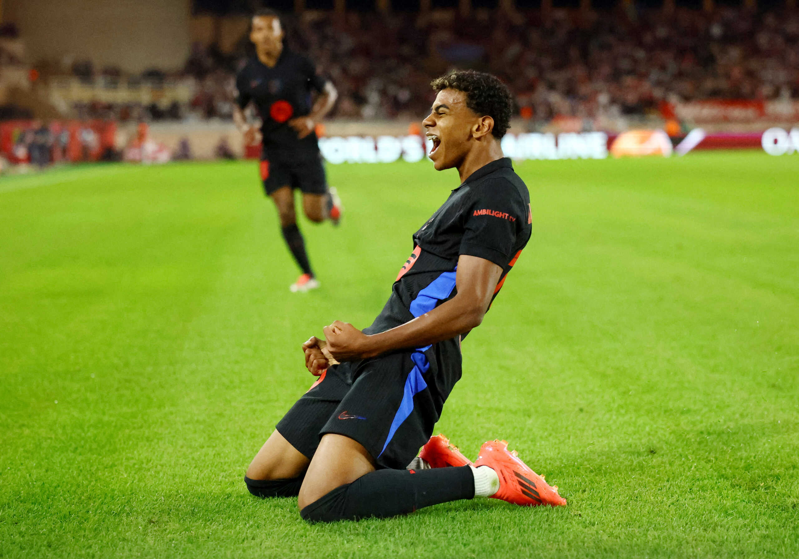 Soccer Football - Champions League - AS Monaco v FC Barcelona - Stade Louis II, Monaco - September 19, 2024 FC Barcelona's Lamine Yamal celebrates scoring their first goal REUTERS