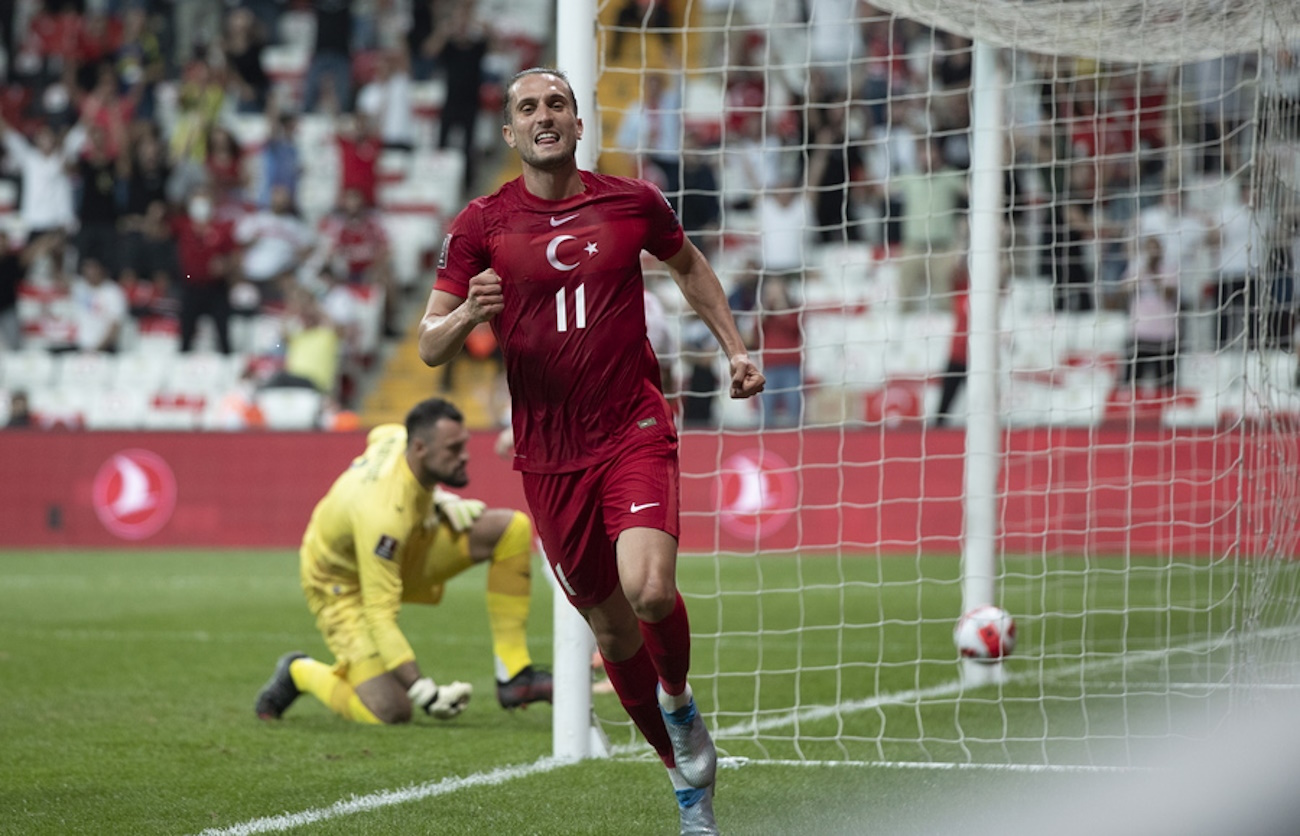 epa09441557 Turkey's Yusuf Yazici celebrates after scoring the 2-0 lead during the FIFA World Cup 2022 qualifying group G match between Turkey and Montenegro in Istanbul, Turkey 01 September 2021.  EPA