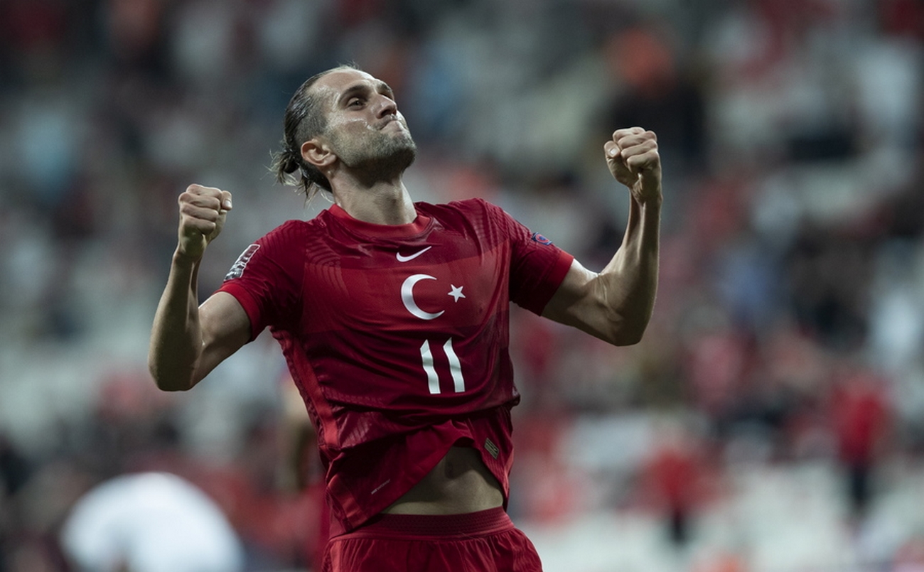 epa09441498 Turkey's Yusuf Yazici celebrates after scoring the 2-0 lead during the FIFA World Cup 2022 qualifying group G match between Turkey and Montenegro in Istanbul, Turkey 01 September 2021.  EPA