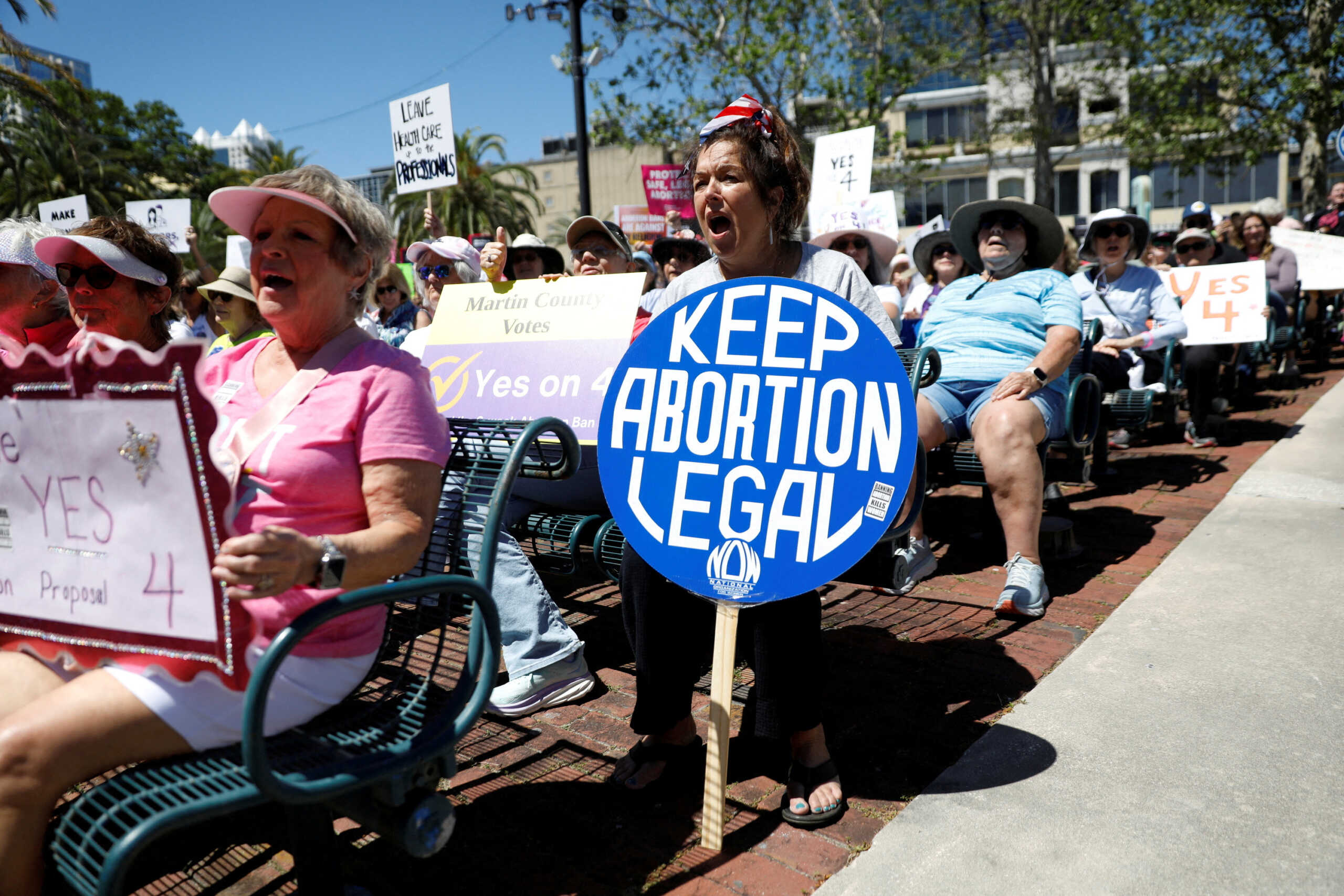FILE PHOTO: Abortion rights advocates gather to launch their 'Yes On 4' campaign with a march and rally against the six-week abortion ban ahead of November 5, when Florida voters will decide on whether there should be a right to abortion in the state, in Orlando, Florida, U.S. April 13, 2024. REUTERS