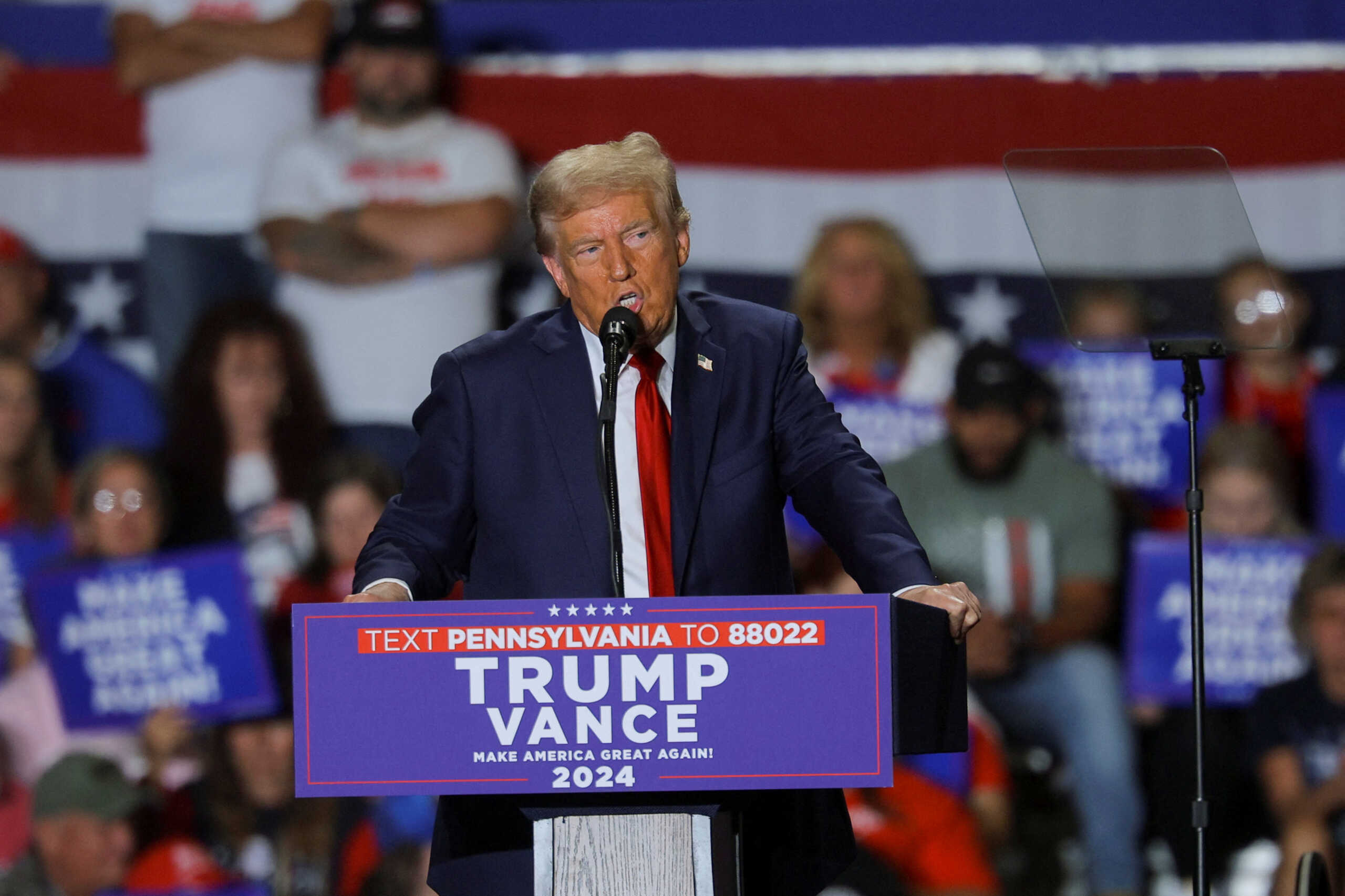 Republican presidential nominee former U.S. President Donald Trump speaks during a campaign rally in Erie, Pennsylvania, U.S., September 29, 2024.  REUTERS