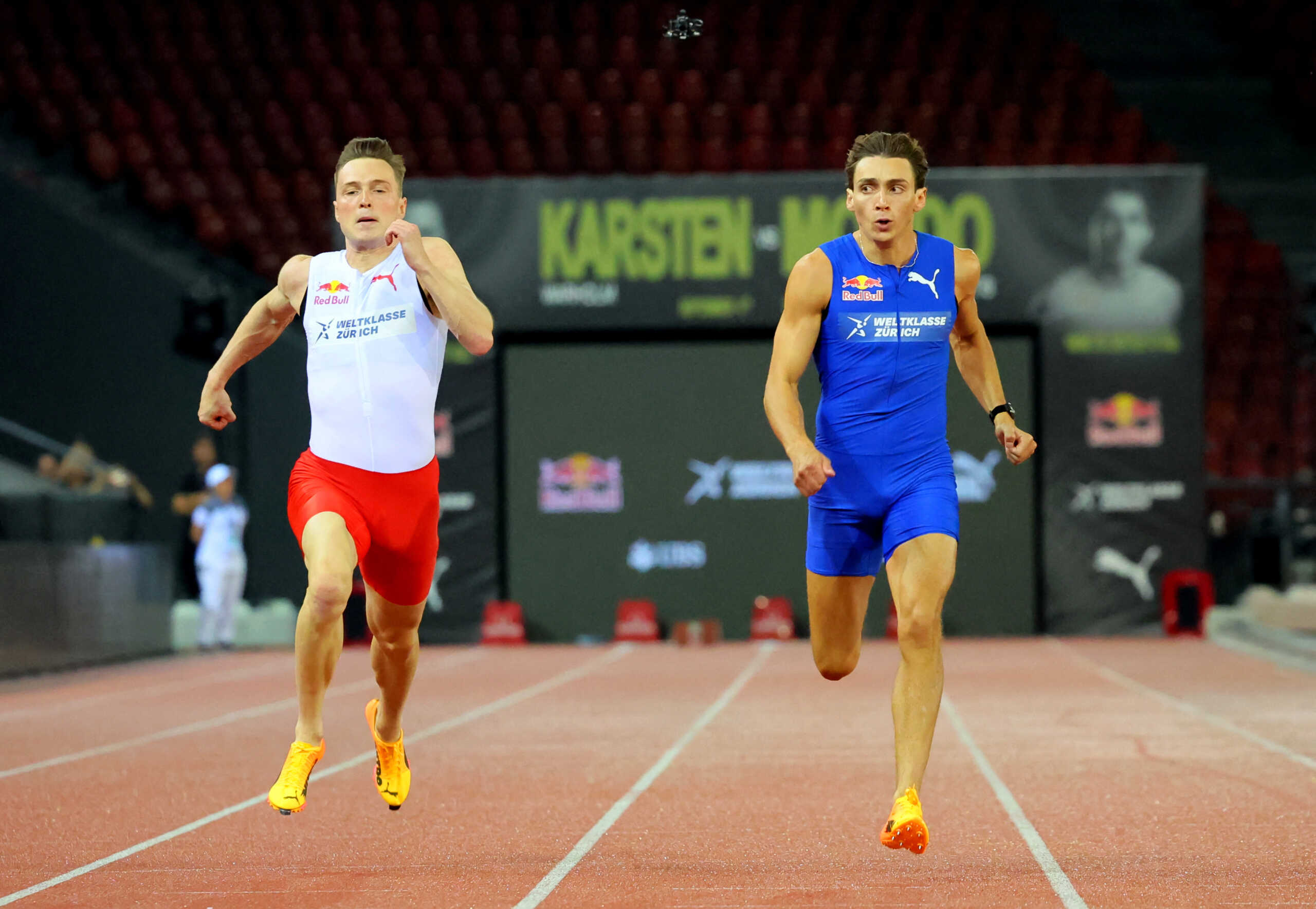 Athletics - Diamond League - Zurich - Stadion Letzigrund, Zurich, Switzerland - September 4, 2024 Sweden's Armand Duplantis crosses the finish line to win his 100m exhibition race against Norway's Karsten Warholm REUTERS