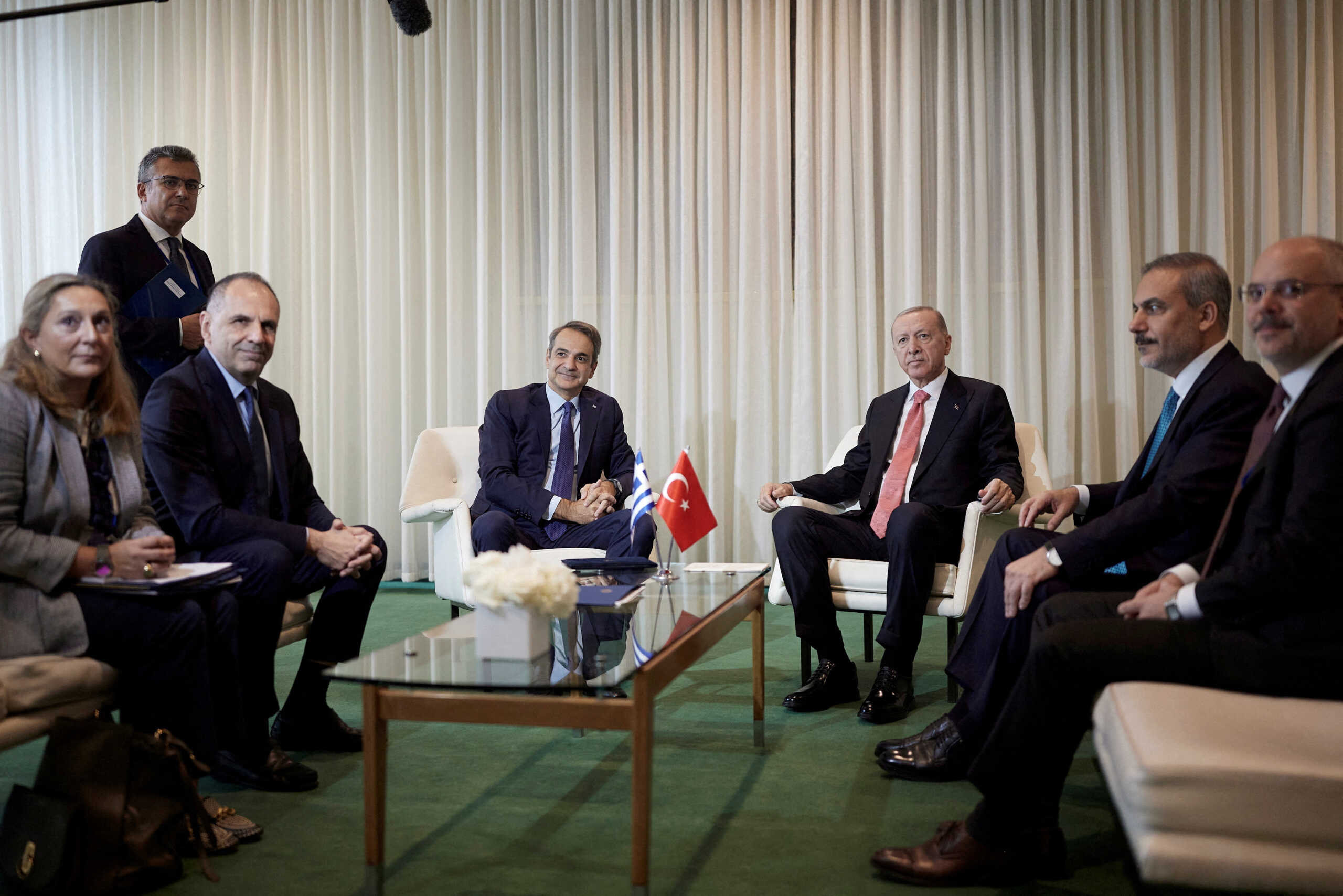 Greek Prime Minister Kyriakos Mitsotakis and Turkish President Tayyip Erdogan meet on the sidelines of the "Summit of the Future" at United Nations Headquarters , in New York, United States, September 24, 2024. Dimitris Papamitsos