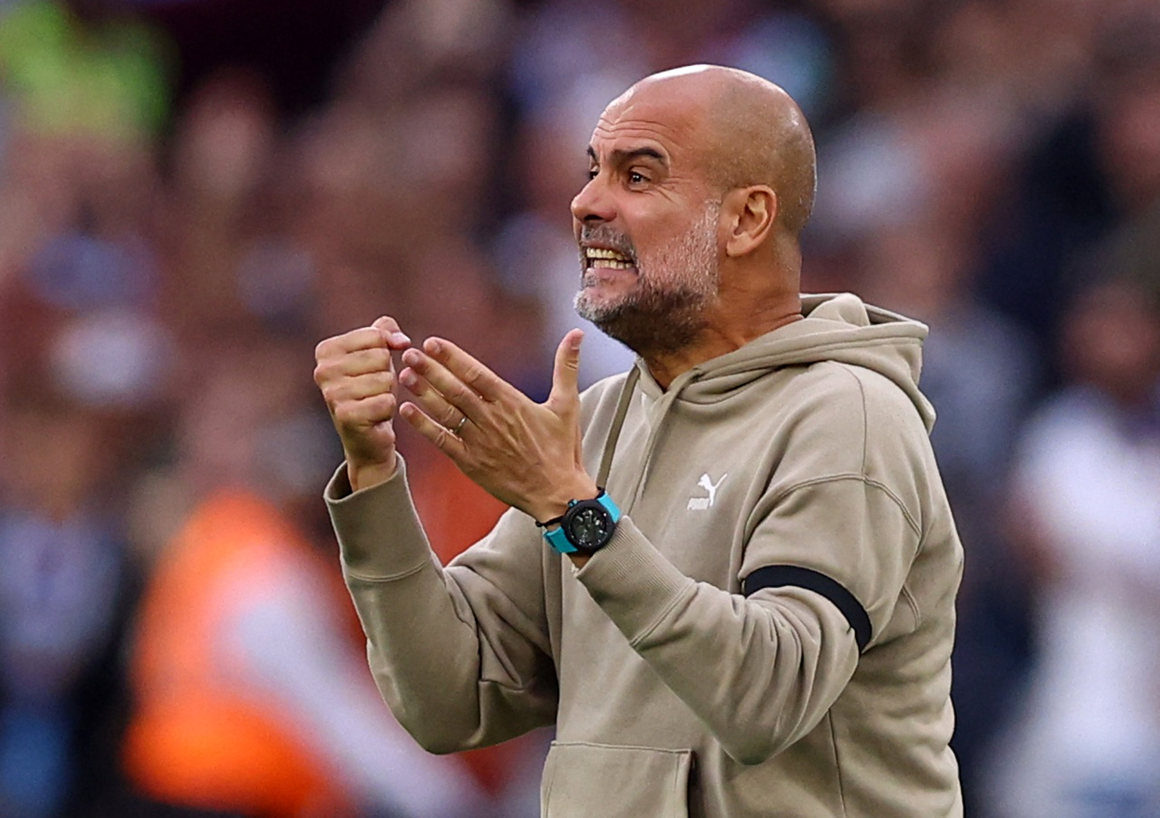 Soccer Football - Premier League - West Ham United v Manchester City - London Stadium, London, Britain - August 31, 2024 Manchester City manager Pep Guardiola reacts REUTERS