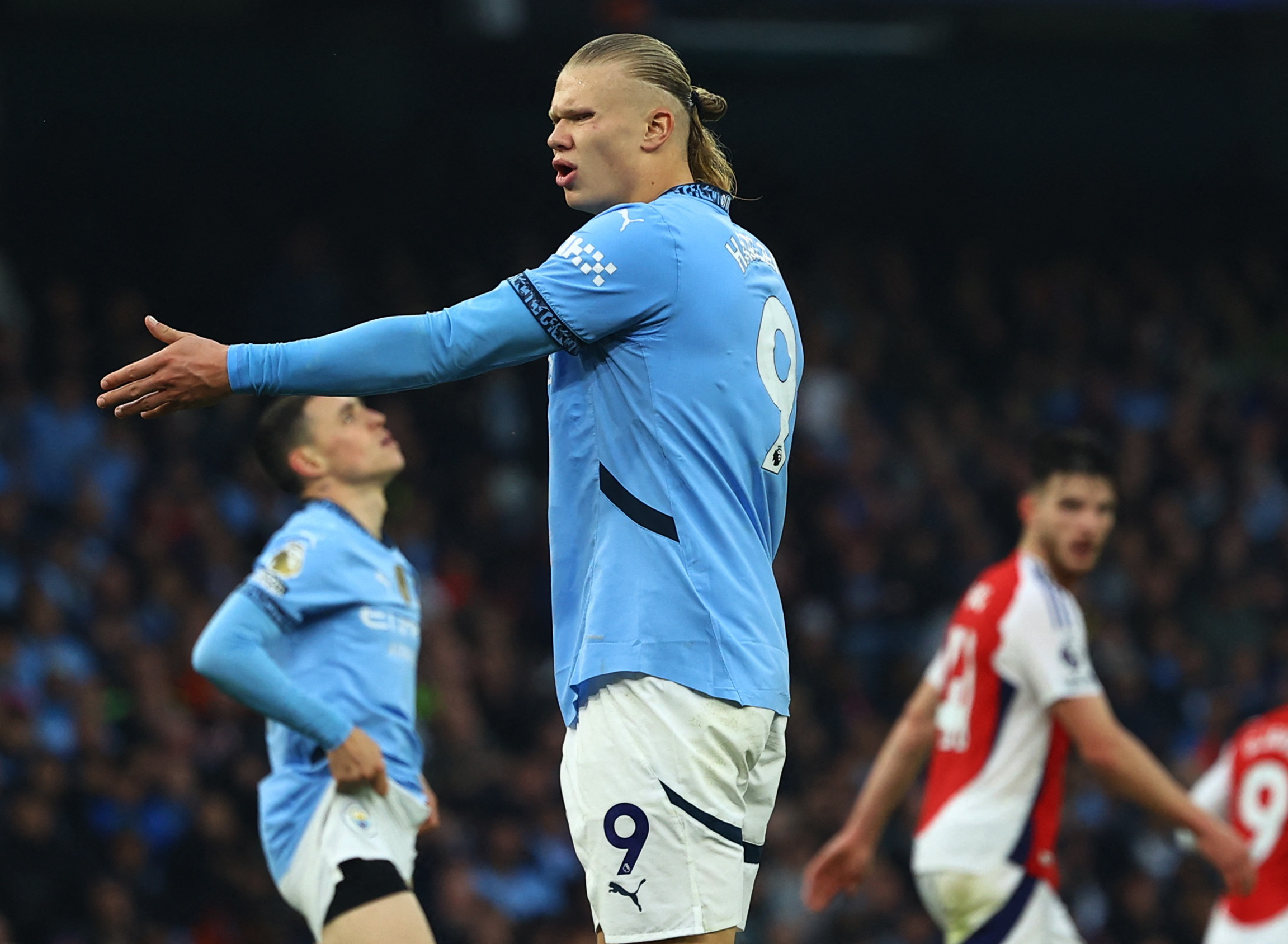 Soccer Football - Premier League - Manchester City v Arsenal - Etihad Stadium, Manchester, Britain - September 22, 2024 Manchester City's Erling Haaland reacts REUTERS
