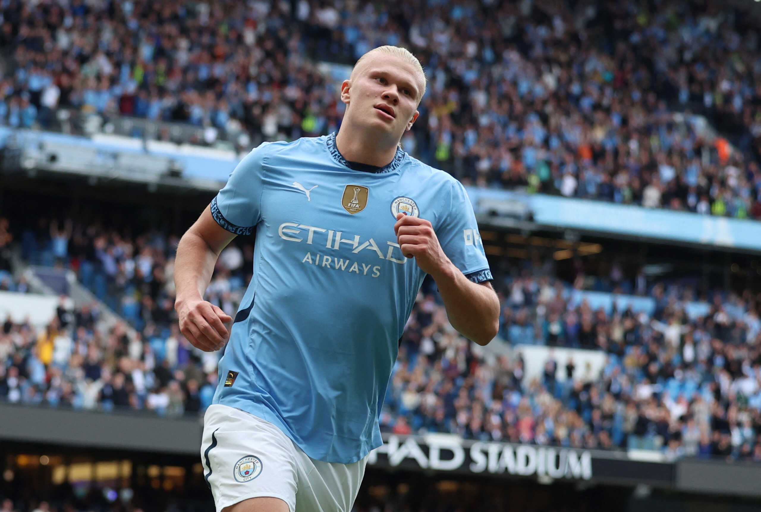 Soccer Football - Premier League - Manchester City v Brentford - Etihad Stadium, Manchester, Britain - September 14, 2024 Manchester City's Erling Haaland celebrates scoring their second goal REUTERS