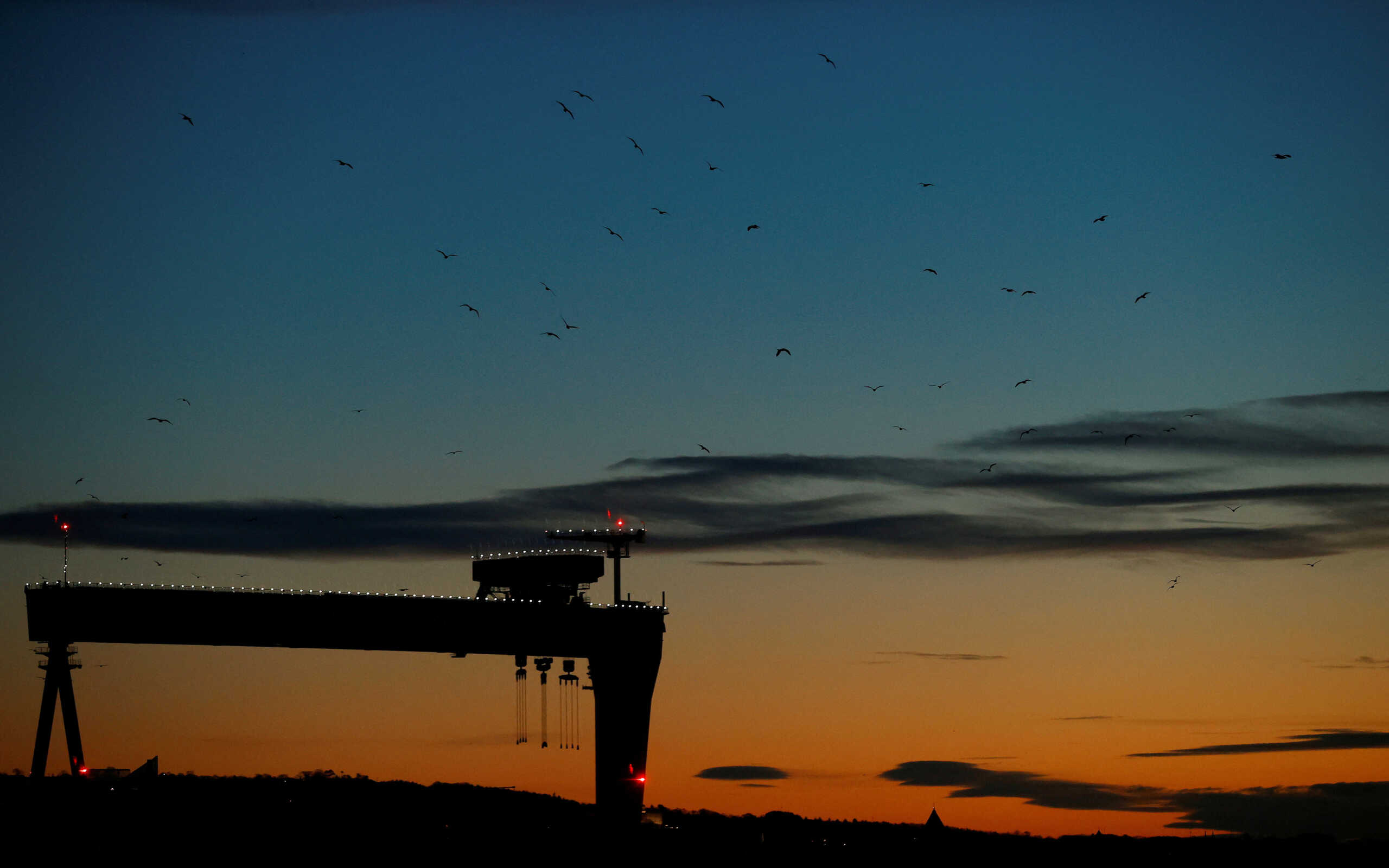 FILE PHOTO: Birds fly around one of the cranes at the Harland and Wolff shipyard at sunrise in Belfast, Northern Ireland, Britain January 1, 2021. REUTERS