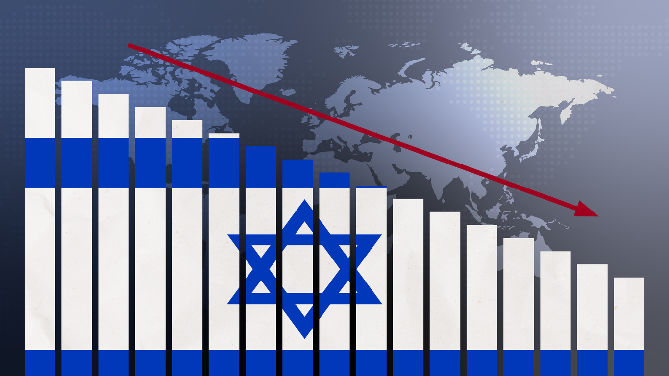 Israel flag on bar chart concept with decreasing values, concept of economic crisis, politics conflicts, war concept with flag