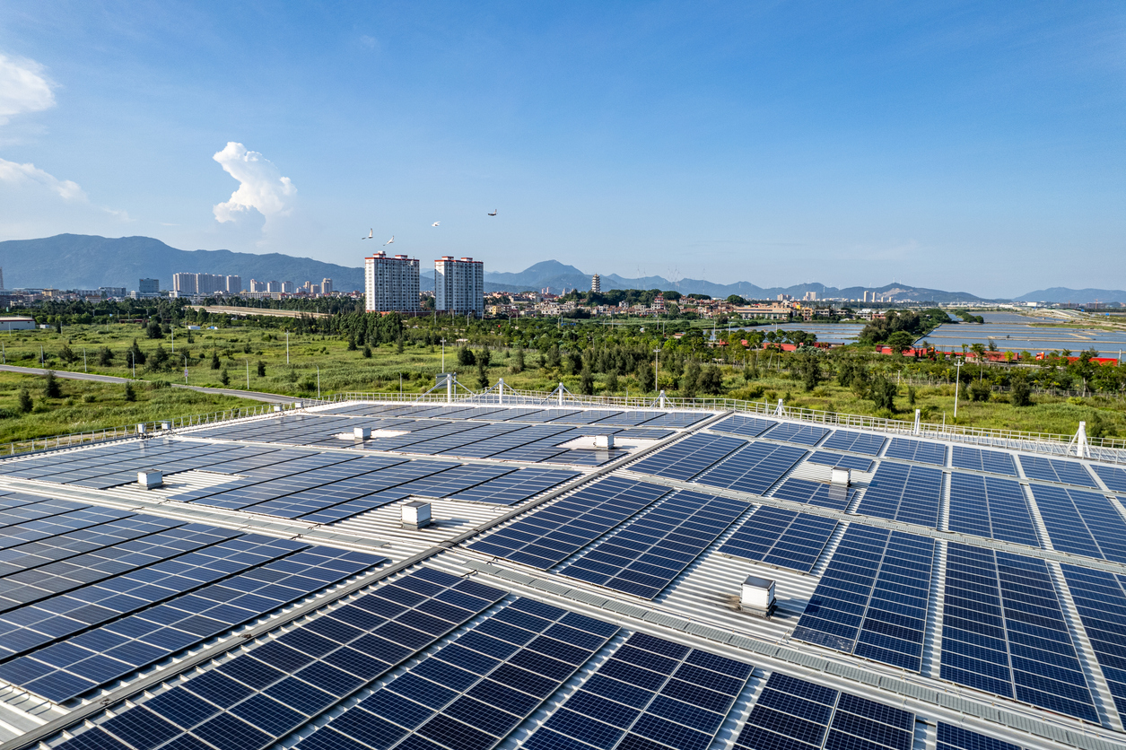Aerial view of the solar panels installed in the factory building