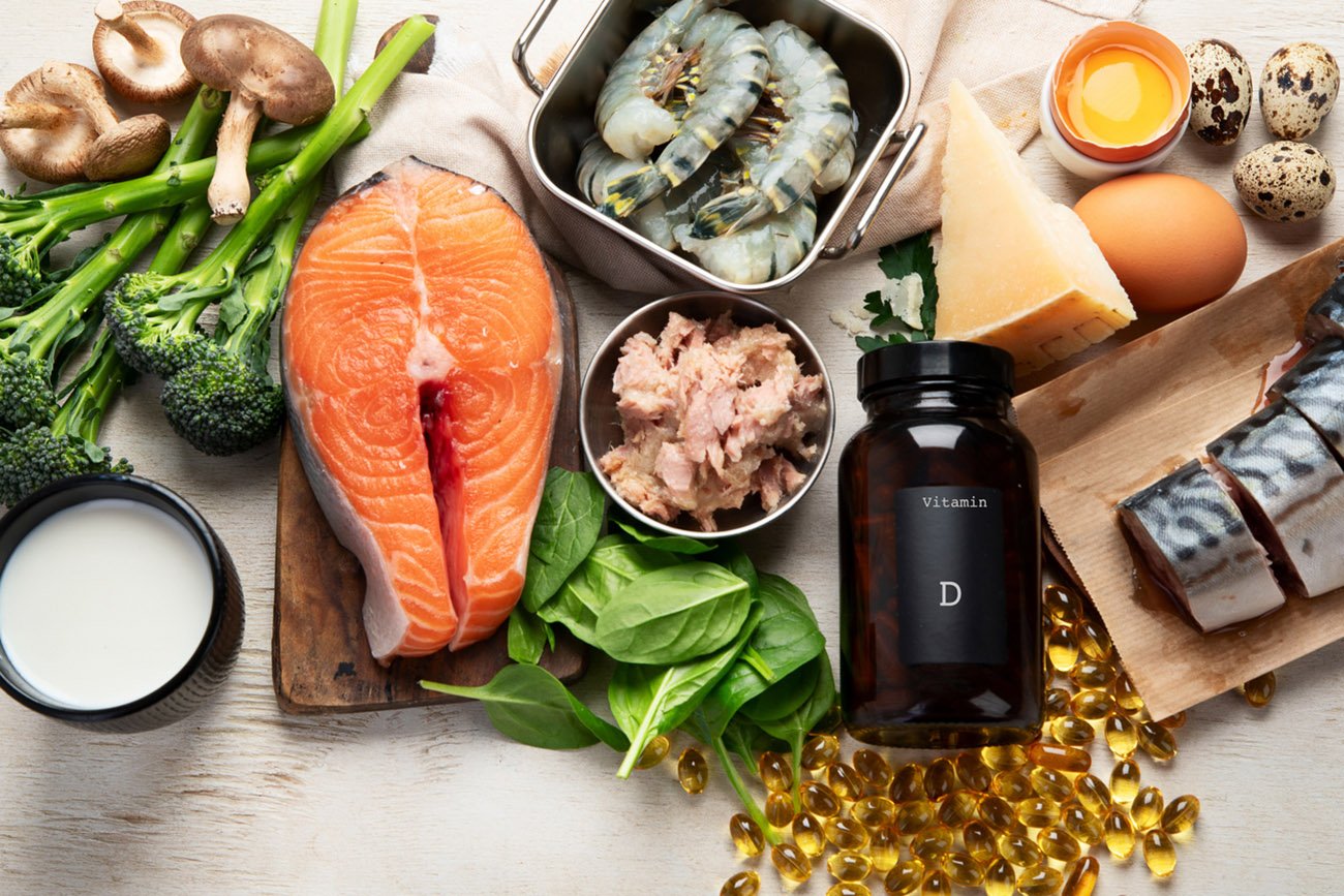 Healthy foods containing vitamin D. Natural sources of vitamin D on a white background. Top view.