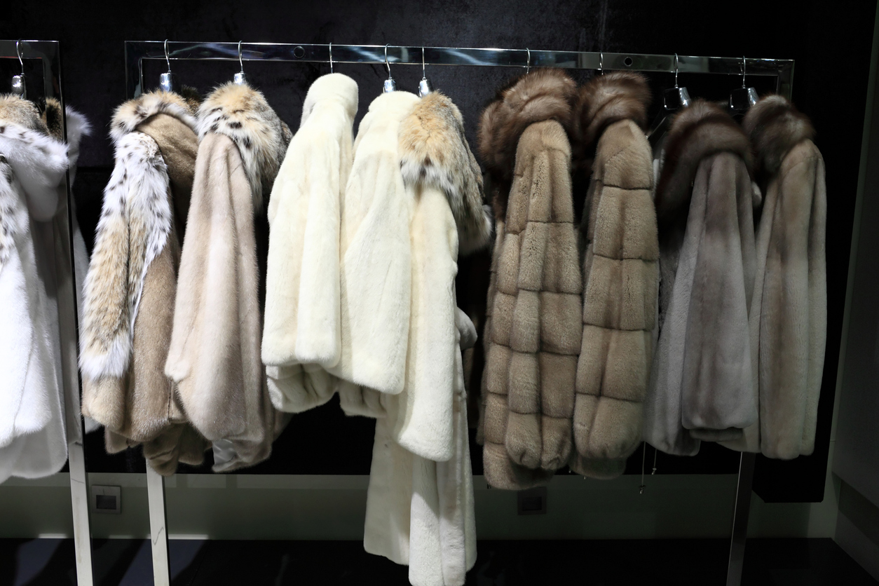 Fur coats on the hangers at a shop