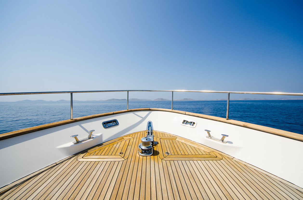 Wide angle shot of front of the yacht in summer timeWide angle shot of front of the yacht in summer time