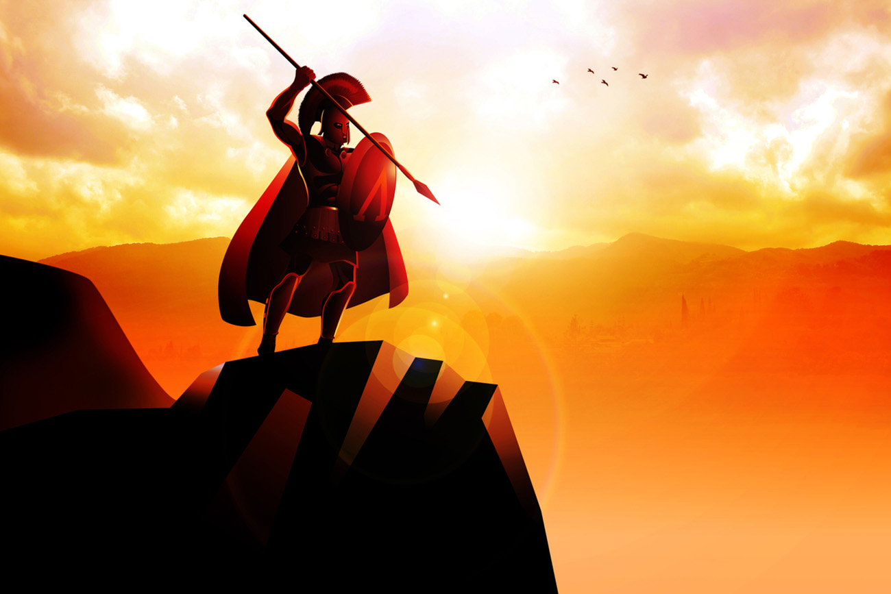Spartan hoplite standing on the cliff with spear and shield