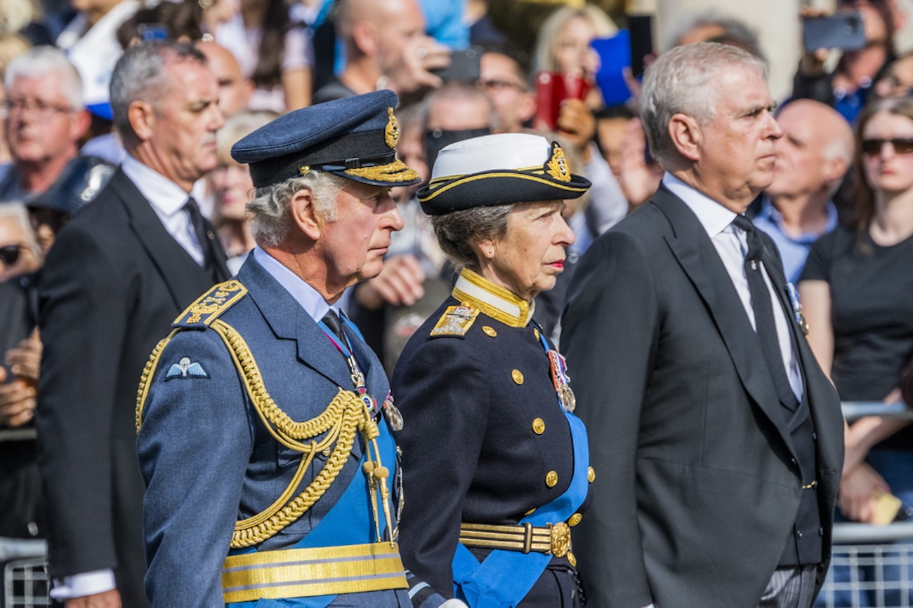 epa10183914 (L-R) Britain's King Charles III; Princess Anne, the Princess Royal, and Prince Andrew, Duke of York follow the coffin containing the body of Britain's Queen Elizabeth II as it is transported on a gun carriage from Buckingham Palace to Westminster Hall followed by members of the royal family in London, Britain, 14 September 2022. After a short service, the Queen's lying in state will begin, lasting for four days and ending on the morning of the state funeral on the 19 September.  EPA