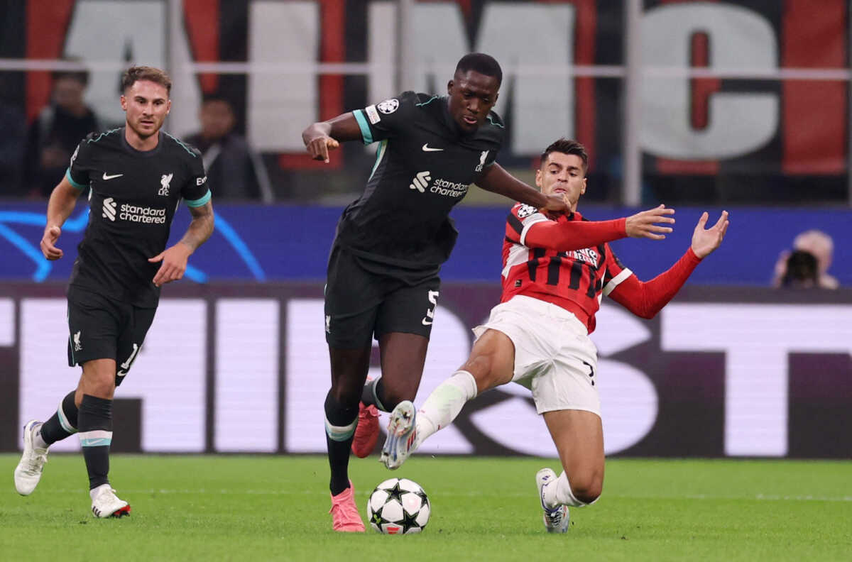 Soccer Football - Champions League - AC Milan v Liverpool - San Siro, Milan, Italy - September 17, 2024 Liverpool's Ibrahima Konate in action with AC Milan's Alvaro Morata REUTERS