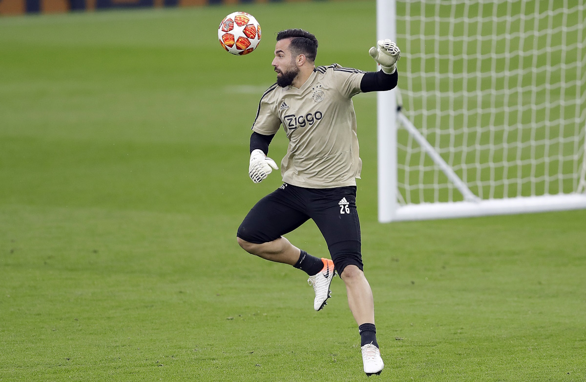 Ajax goalkeeper Kostas Lamprou heads the ball during a training session at Tottenham Hotspur Stadium in London, Monday, April 29, 2019. Tottenham Hotspur will play Ajax in a Champions League semifinal first leg soccer match at the stadium on Tuesday. (AP Photo