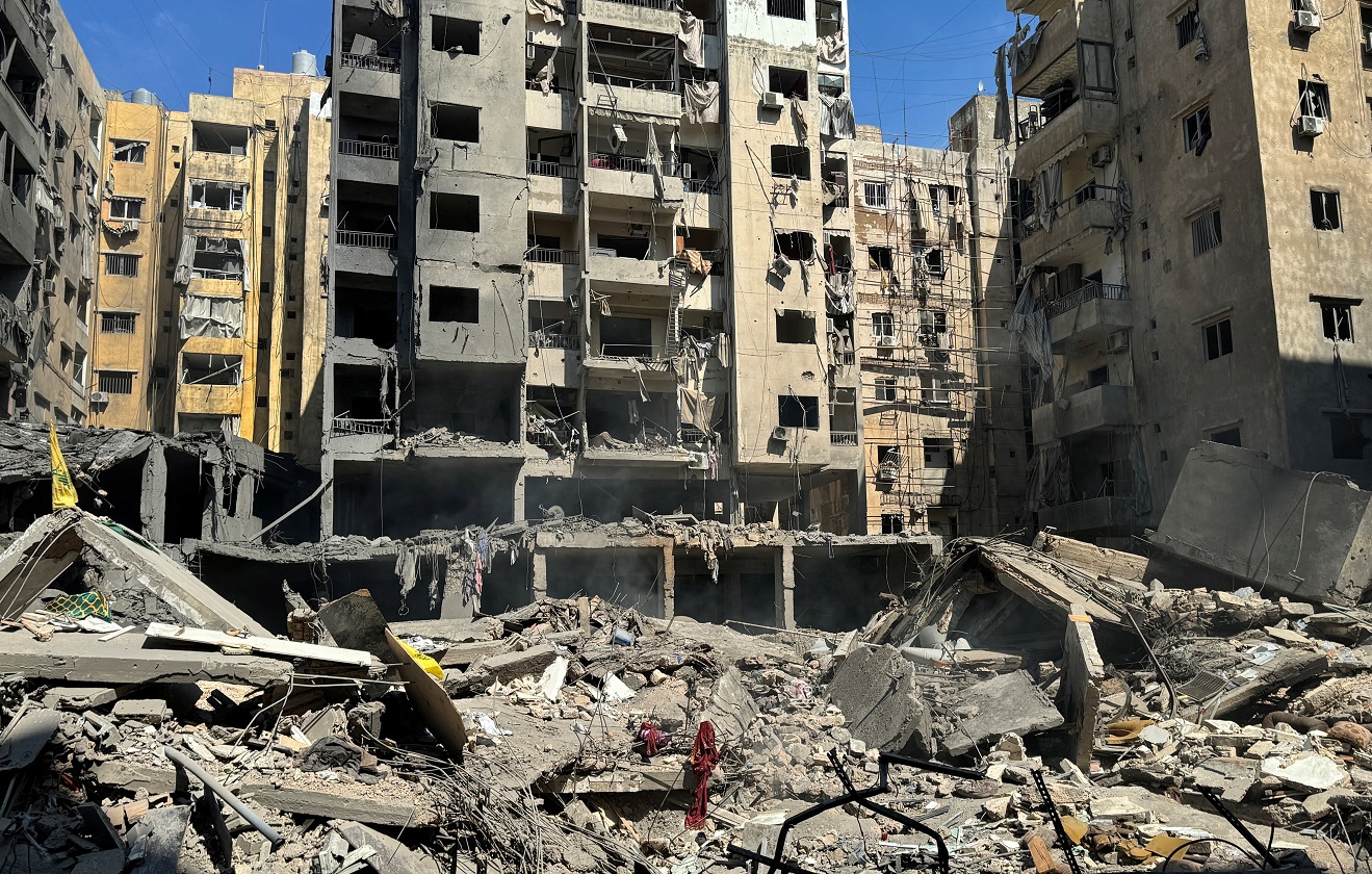 A view shows the damage at the site of the Israeli air strike that killed Lebanon's Hezbollah leader Sayyed Hassan Nasrallah on Friday, in Beirut's southern suburbs, Lebanon, September 29, 2024.  REUTERS