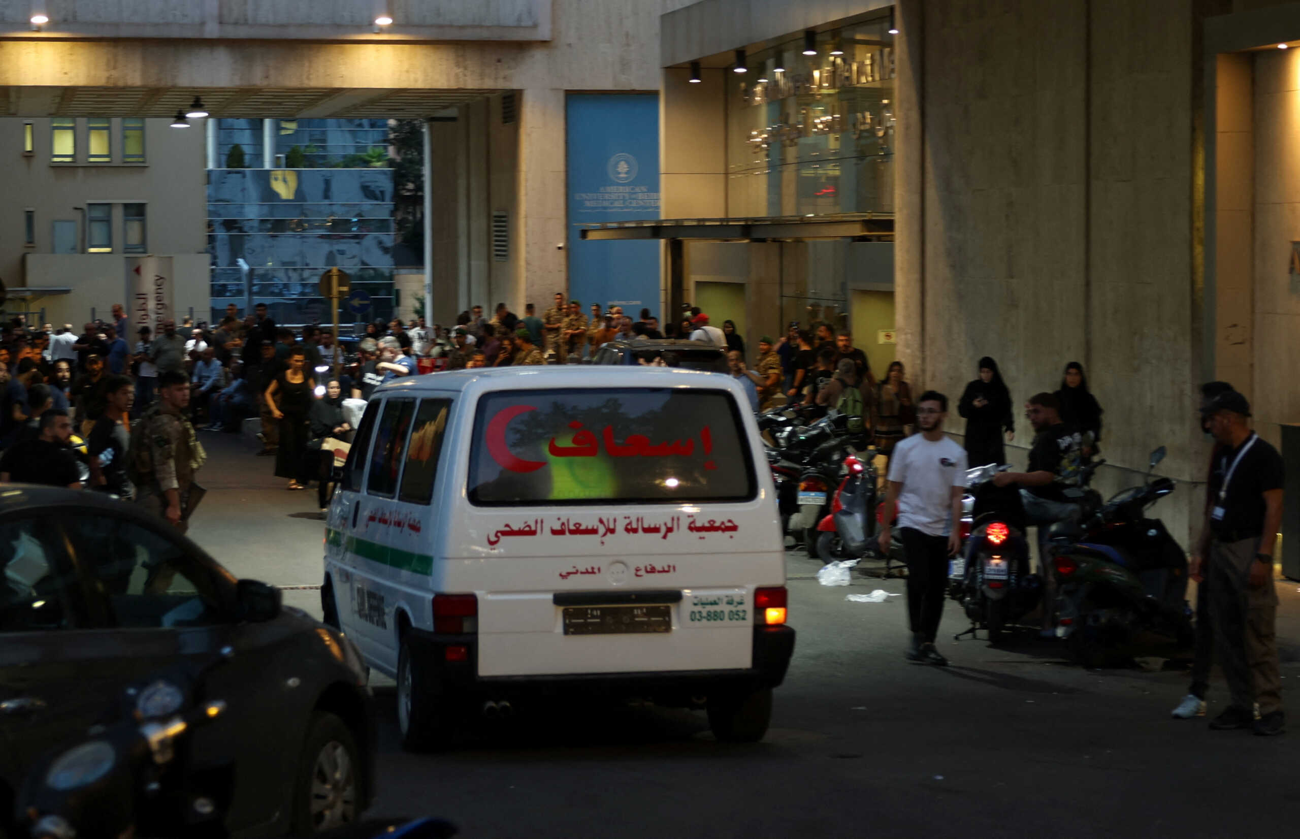 An ambulance vehicle arrives to American University of Beirut Medical Center (AUBMC) in Beirut, after hand-held radios used by Hezbollah detonated on Wednesday across Lebanon's south and in Beirut's southern suburbs, a security source and a witness said, Lebanon September 18, 2024. REUTERS