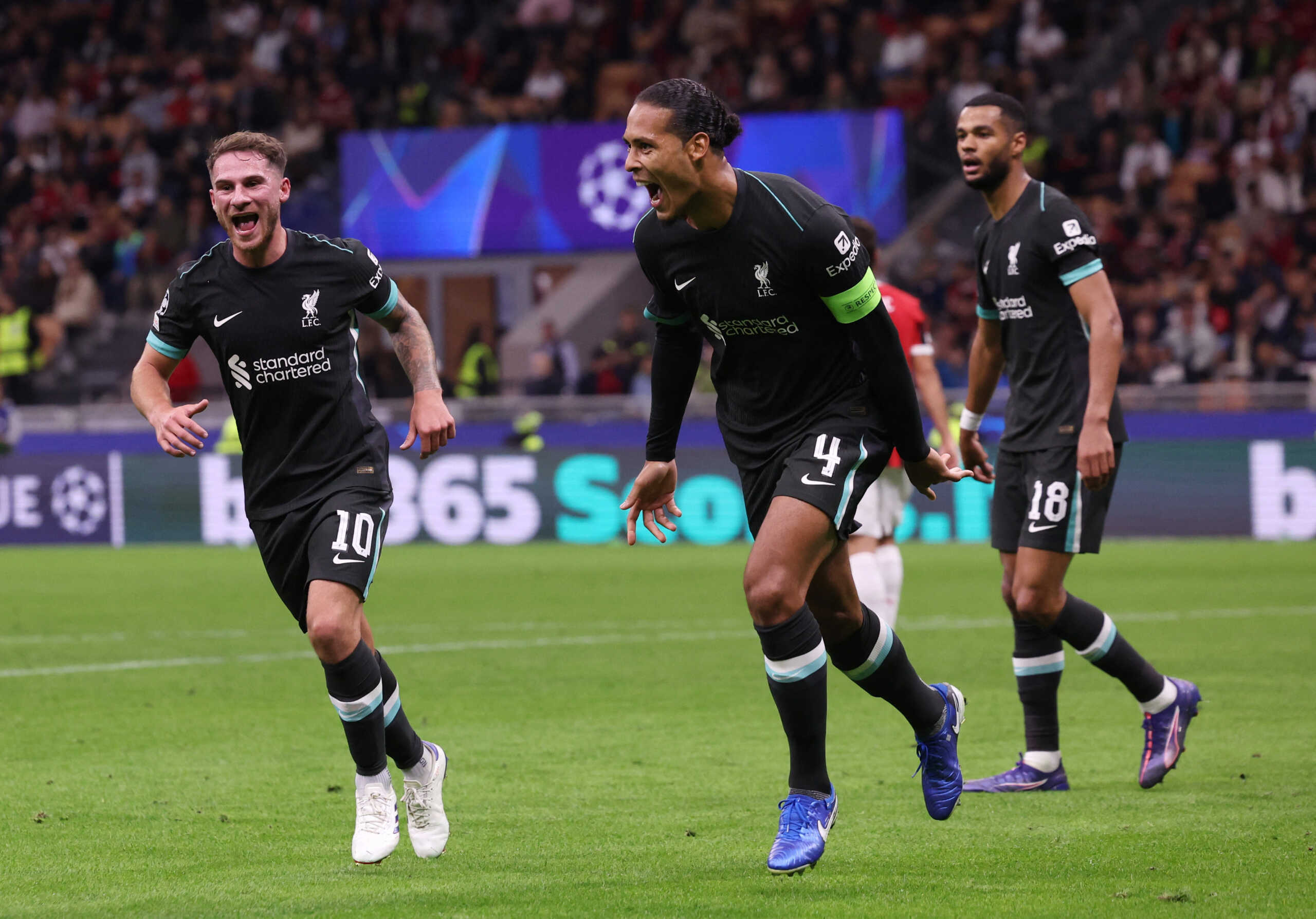 Soccer Football - Champions League - AC Milan v Liverpool - San Siro, Milan, Italy - September 17, 2024 Liverpool's Virgil van Dijk celebrates scoring their second goal REUTERS