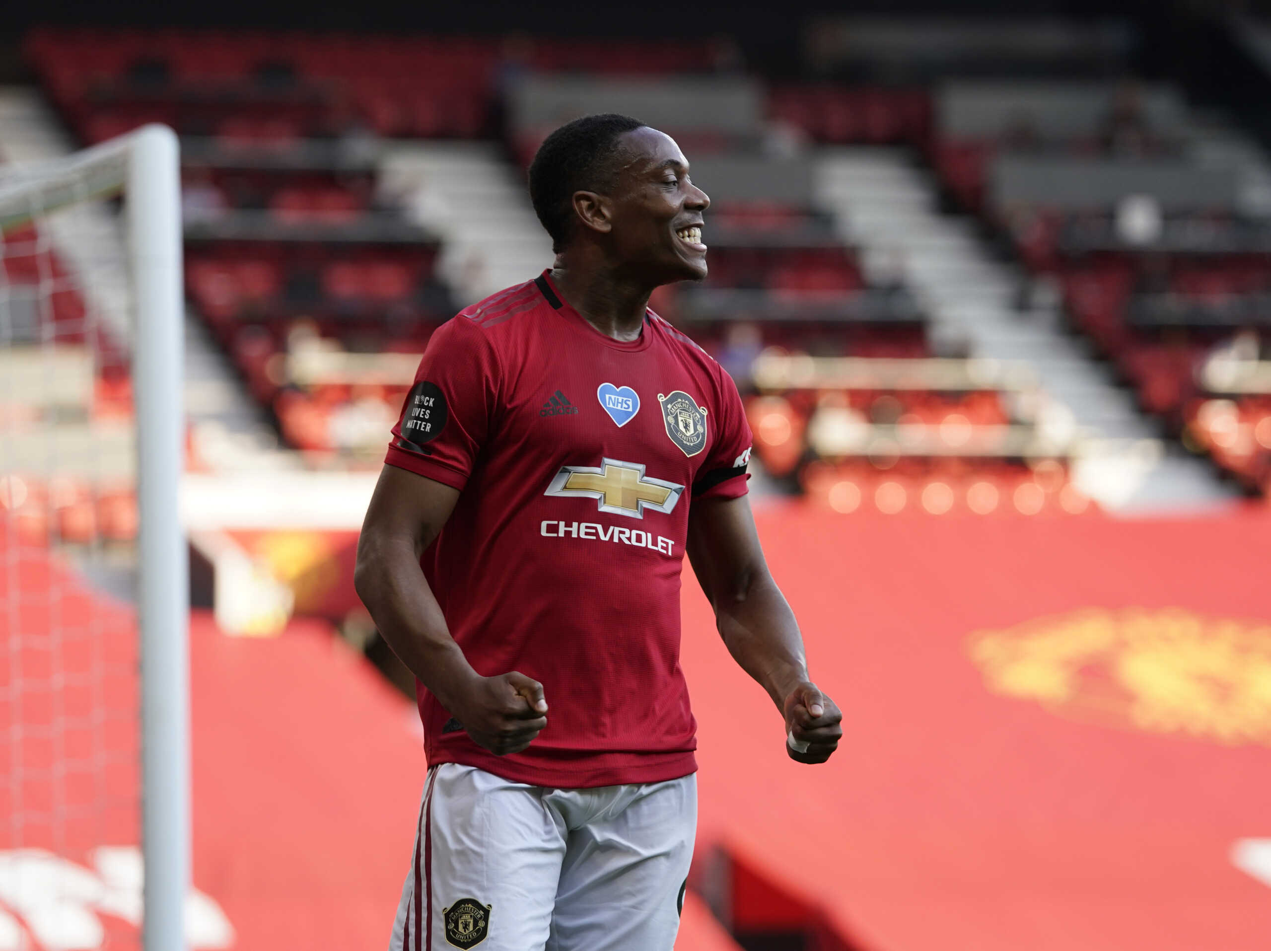 June 24, 2020, Manchester, United Kingdom: Anthony Martial of Manchester United celebrates his third goal during the Premier League match at Old Trafford, Manchester. Picture date: 24th June 2020. Picture credit should read: Andrew Yates