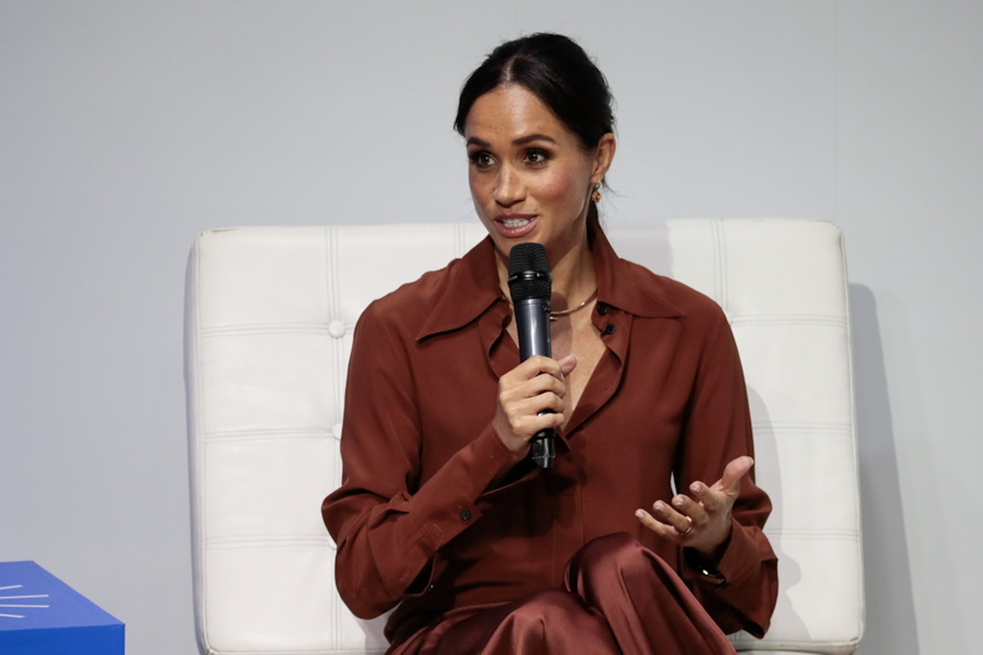 epa11550817 Duchess of Sussex, Meghan Markle, speaks during the 'Responsible Digital Future' forum at EAN University in Bogota, Colombia, 15 August 2024. The Duke and Duchess of Sussex began a four-day visit to Colombia, where they will tour different parts of the country, learn about its culture and rich biodiversity, and address current issues such as cyberbullying and online violence in schools and forums.  EPA