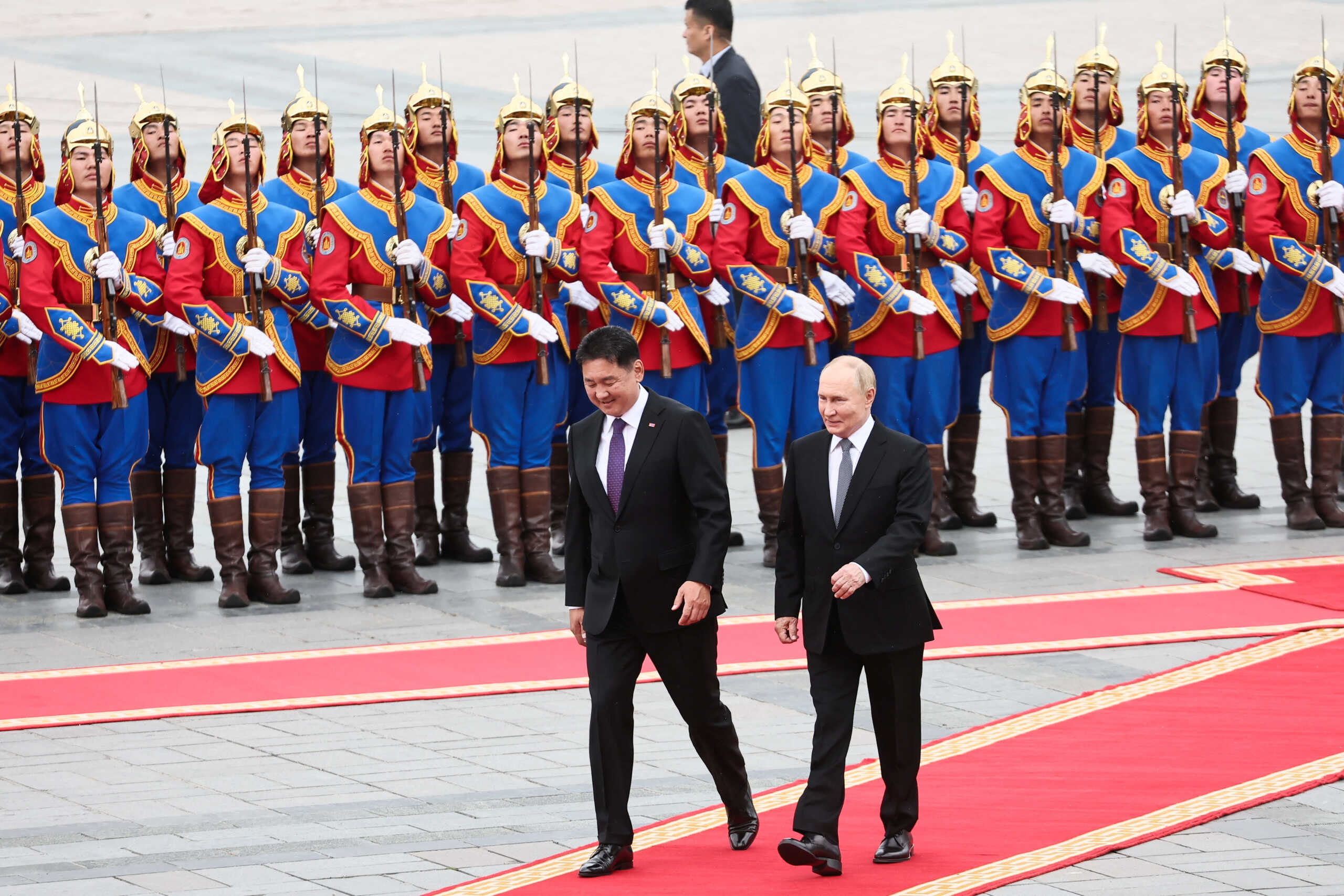 Russian President Vladimir Putin and Mongolian President Ukhnaagiin Khurelsukh attend an official welcoming ceremony in Ulaanbaatar, Mongolia September 3, 2024. Sputnik