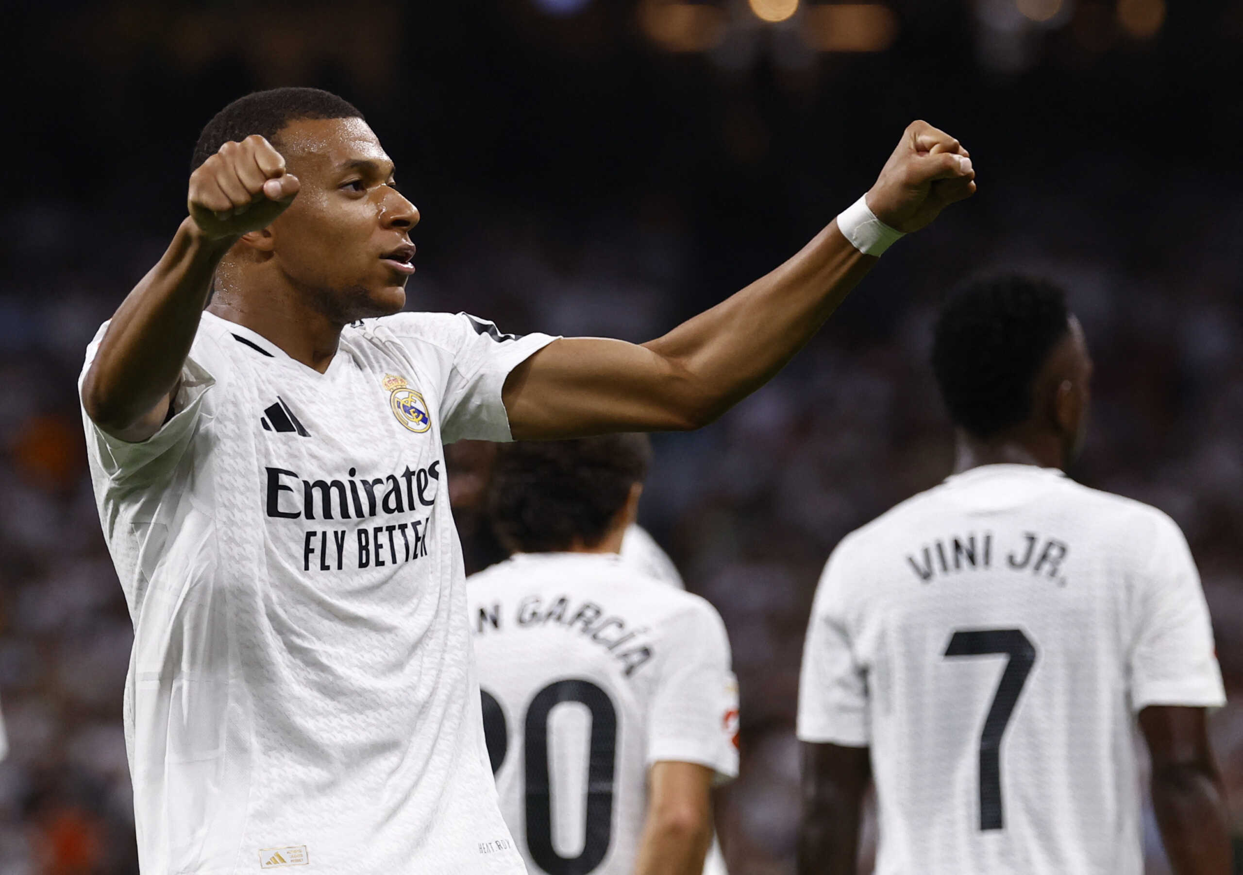 Soccer Football - LaLiga - Real Madrid v Real Betis - Santiago Bernabeu, Madrid, Spain - September 1, 2024  Real Madrid's Kylian Mbappe celebrates scoring their first goal REUTERS