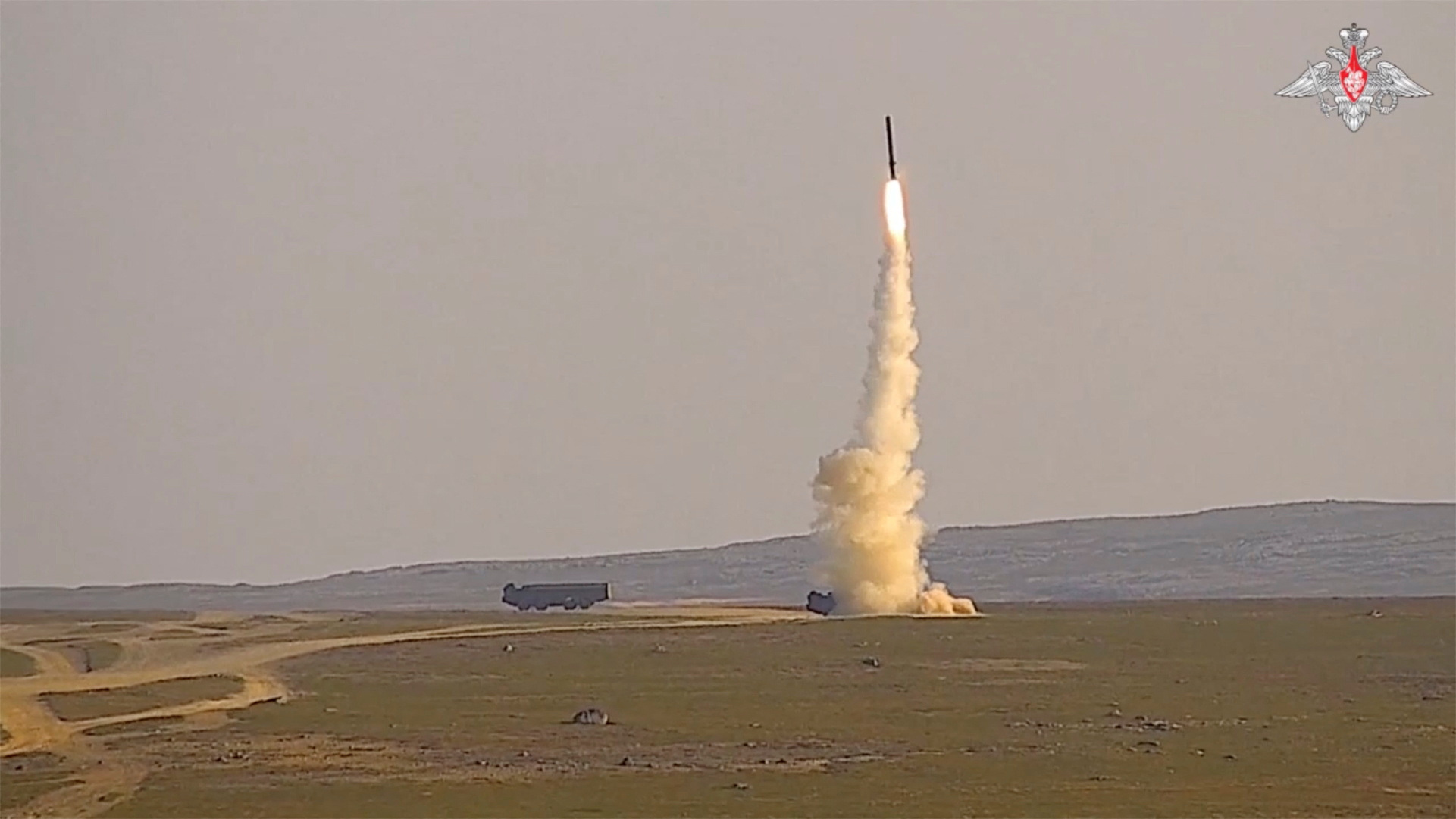 A still image from a video, released by Russia's Defence Ministry, shows what is said to be a Bastion coastal defence system firing a missile at a target in the Barents Sea, as part of the Ocean 2024 navy drills on the Kola Peninsula, Russia, in this picture taken from footage published September 13, 2024. Russian Defence Ministry